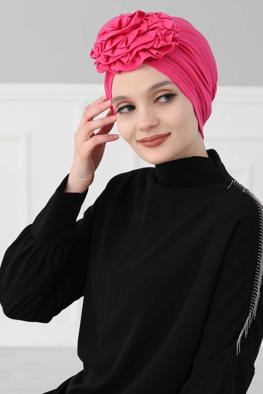 Chic Rose Accent Instant Turban Hijab for Women, Cotton Scarf Chemo Head Wrap, Plain Bonnet Cap with a Beautiful Big Handmade Rose,B-21 Fuchsia