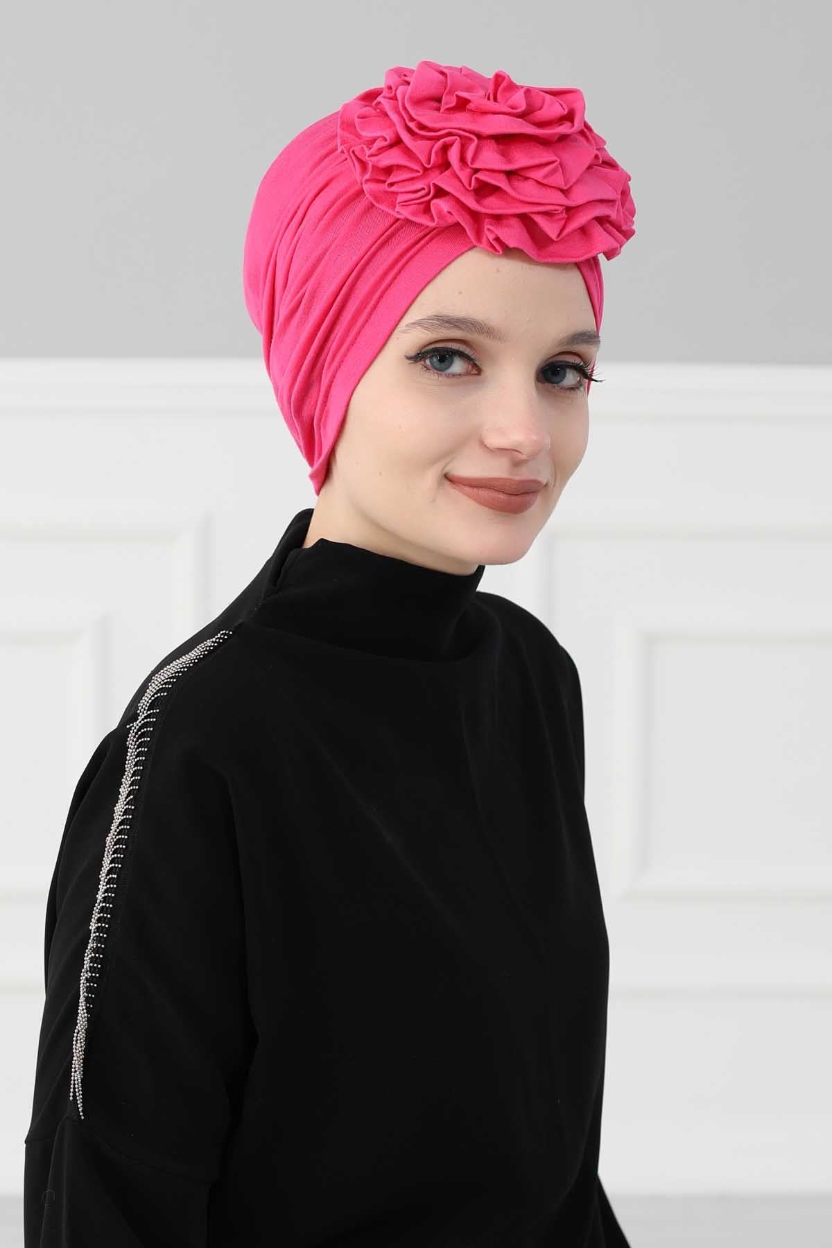 Chic Rose Accent Instant Turban Hijab for Women, Cotton Scarf Chemo Head Wrap, Plain Bonnet Cap with a Beautiful Big Handmade Rose,B-21 Fuchsia