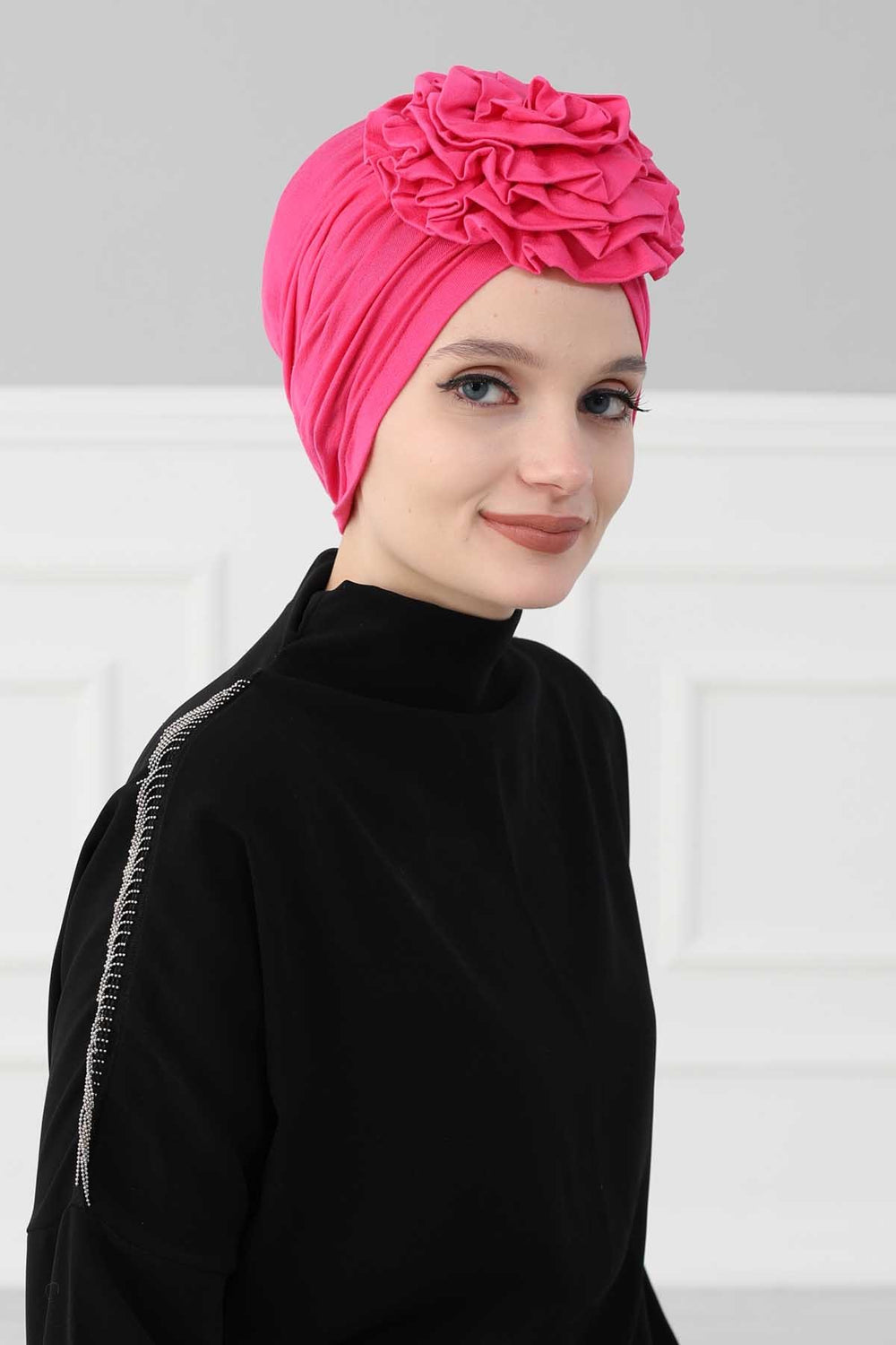 Chic Rose Accent Instant Turban Hijab for Women, Cotton Scarf Chemo Head Wrap, Plain Bonnet Cap with a Beautiful Big Handmade Rose,B-21 Fuchsia