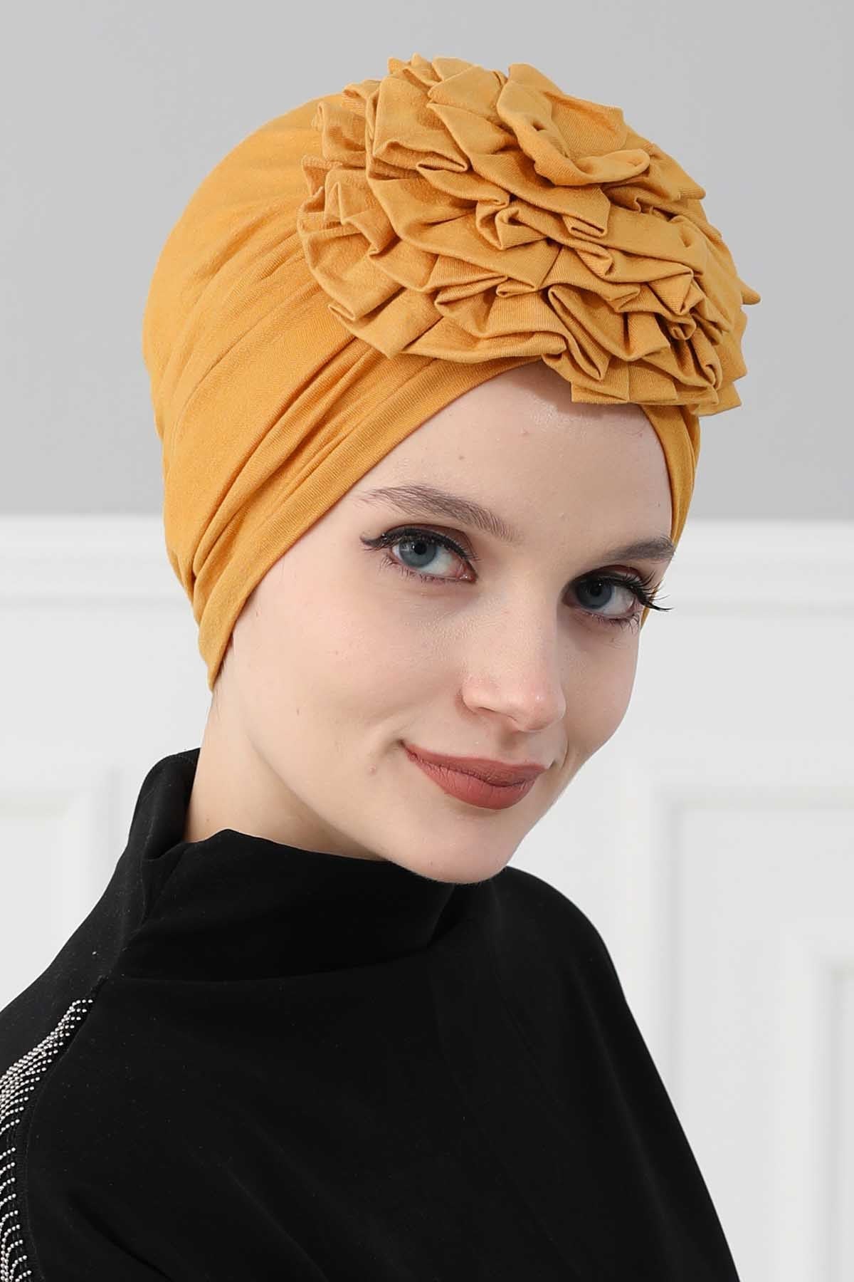 Chic Rose Accent Instant Turban Hijab for Women, Cotton Scarf Chemo Head Wrap, Plain Bonnet Cap with a Beautiful Big Handmade Rose,B-21 Mustard Yellow