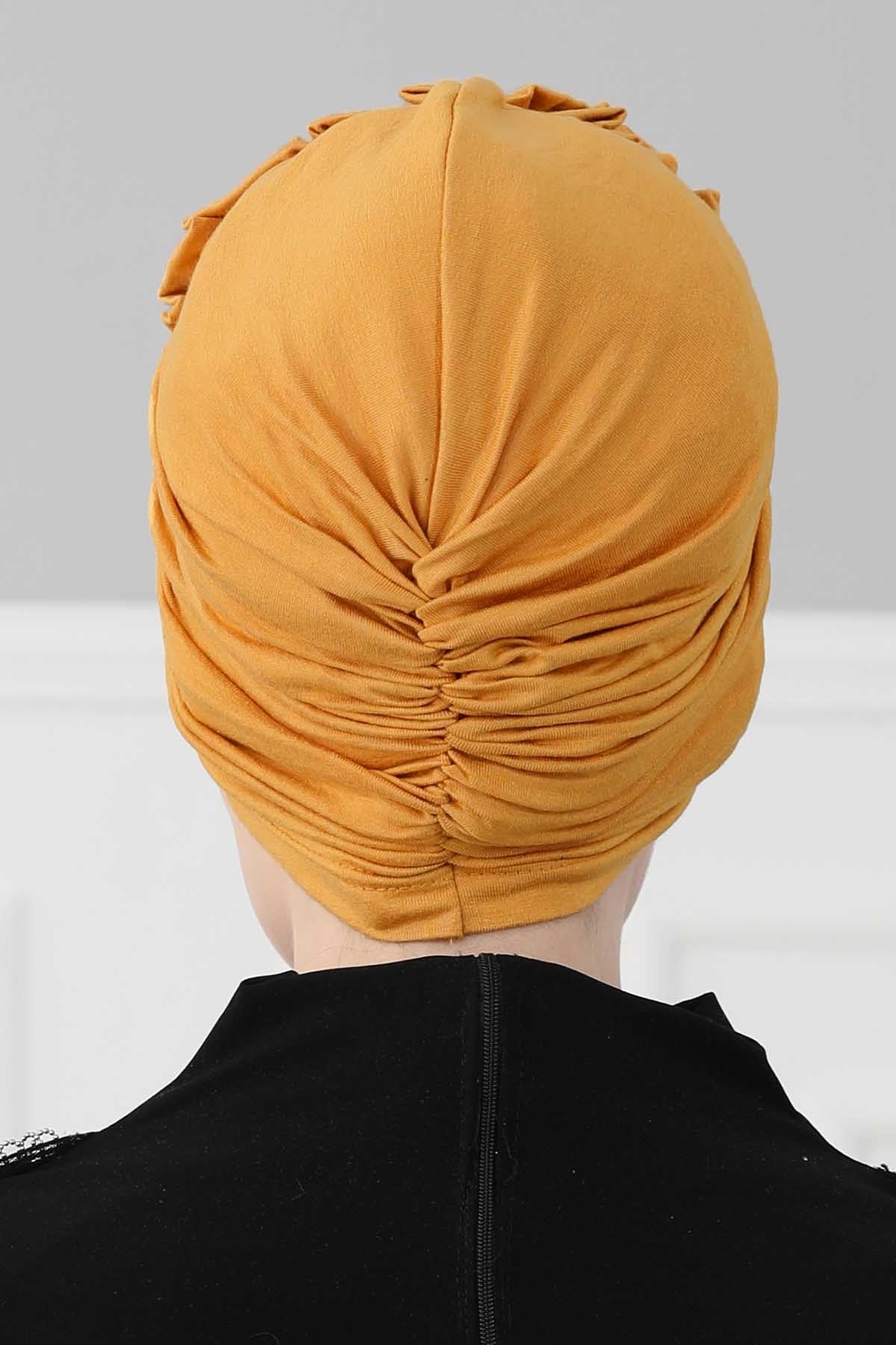 Chic Rose Accent Instant Turban Hijab for Women, Cotton Scarf Chemo Head Wrap, Plain Bonnet Cap with a Beautiful Big Handmade Rose,B-21 Mustard Yellow