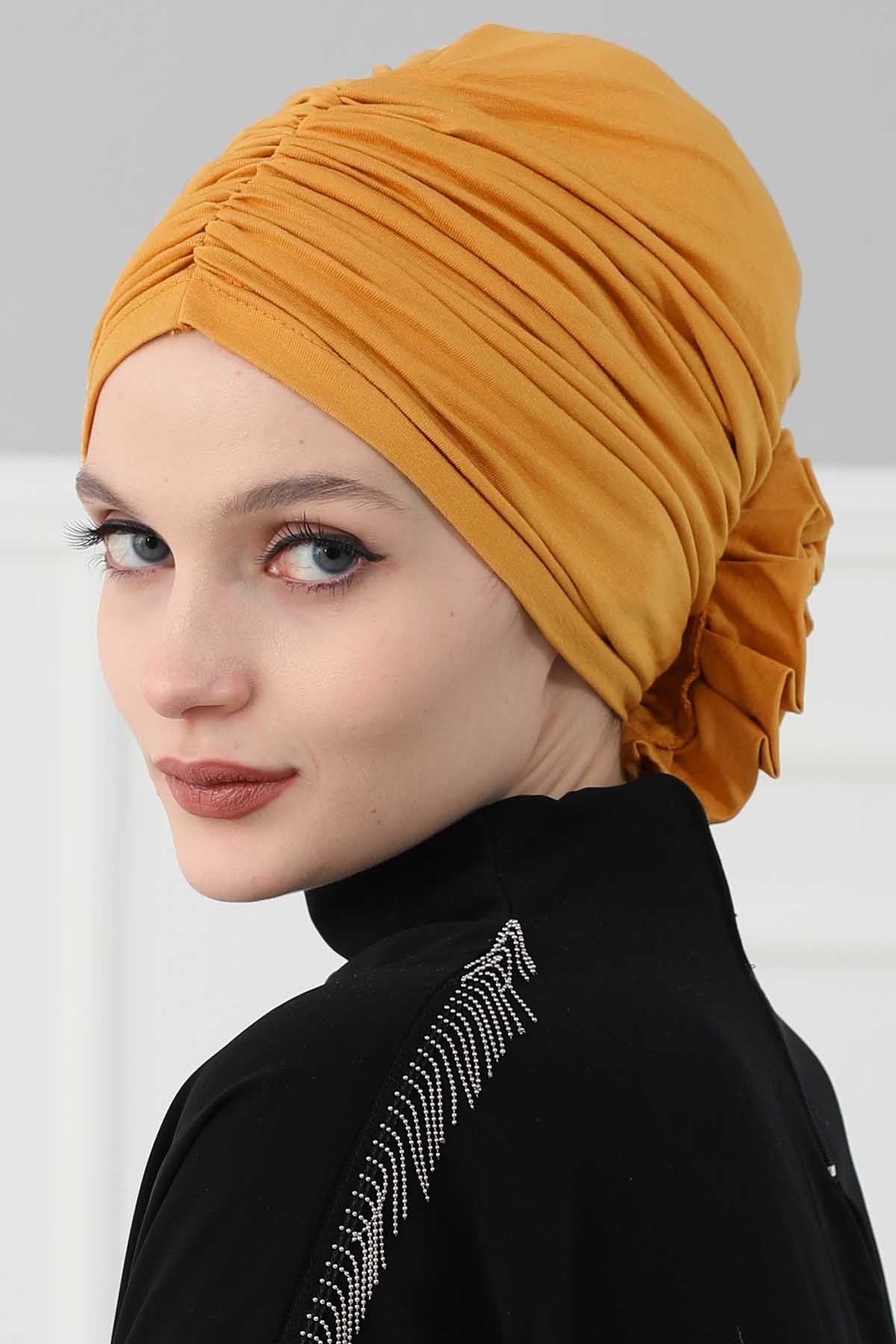 Chic Rose Accent Instant Turban Hijab for Women, Cotton Scarf Chemo Head Wrap, Plain Bonnet Cap with a Beautiful Big Handmade Rose,B-21 Mustard Yellow