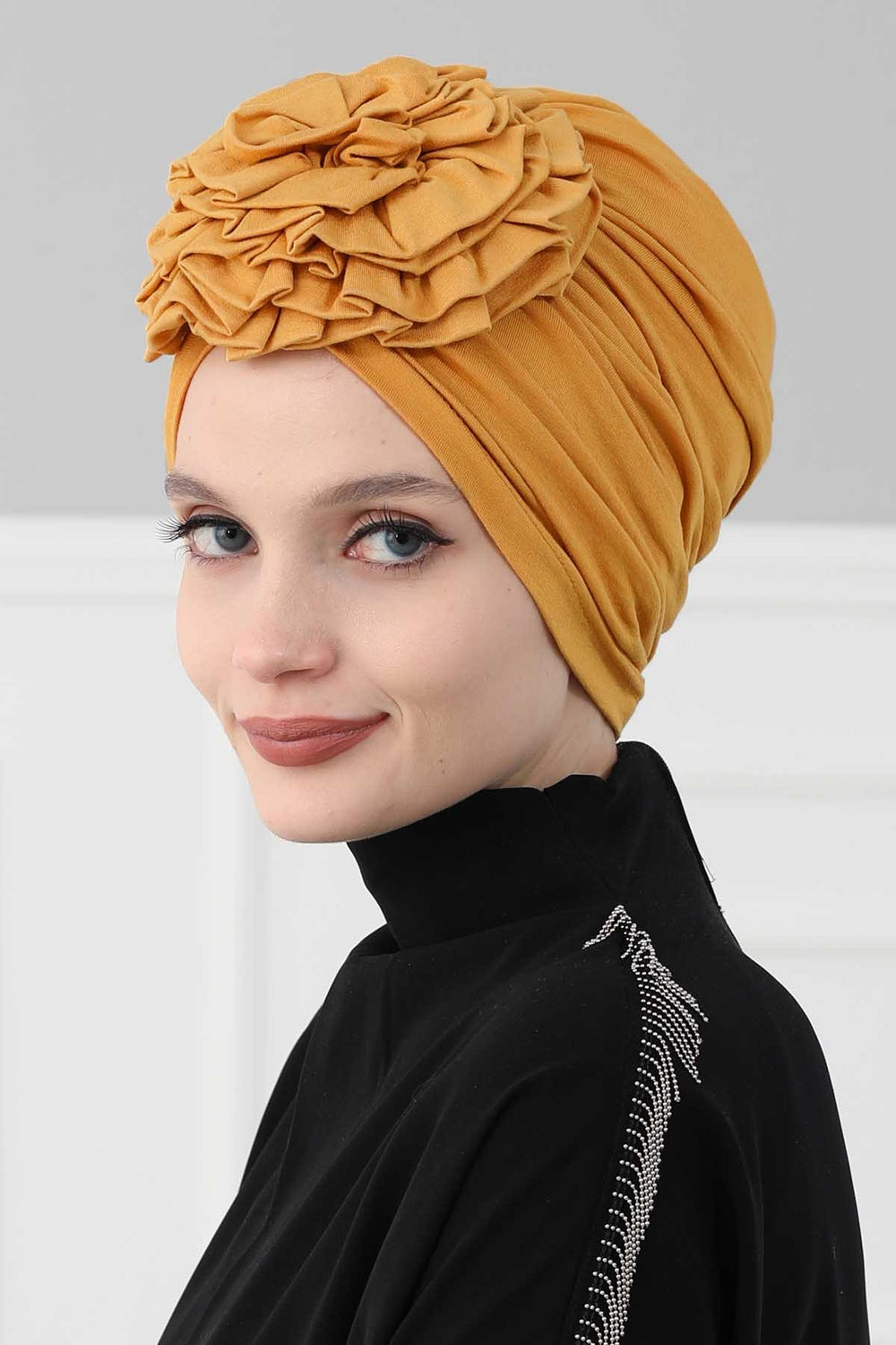 Chic Rose Accent Instant Turban Hijab for Women, Cotton Scarf Chemo Head Wrap, Plain Bonnet Cap with a Beautiful Big Handmade Rose,B-21 Mustard Yellow