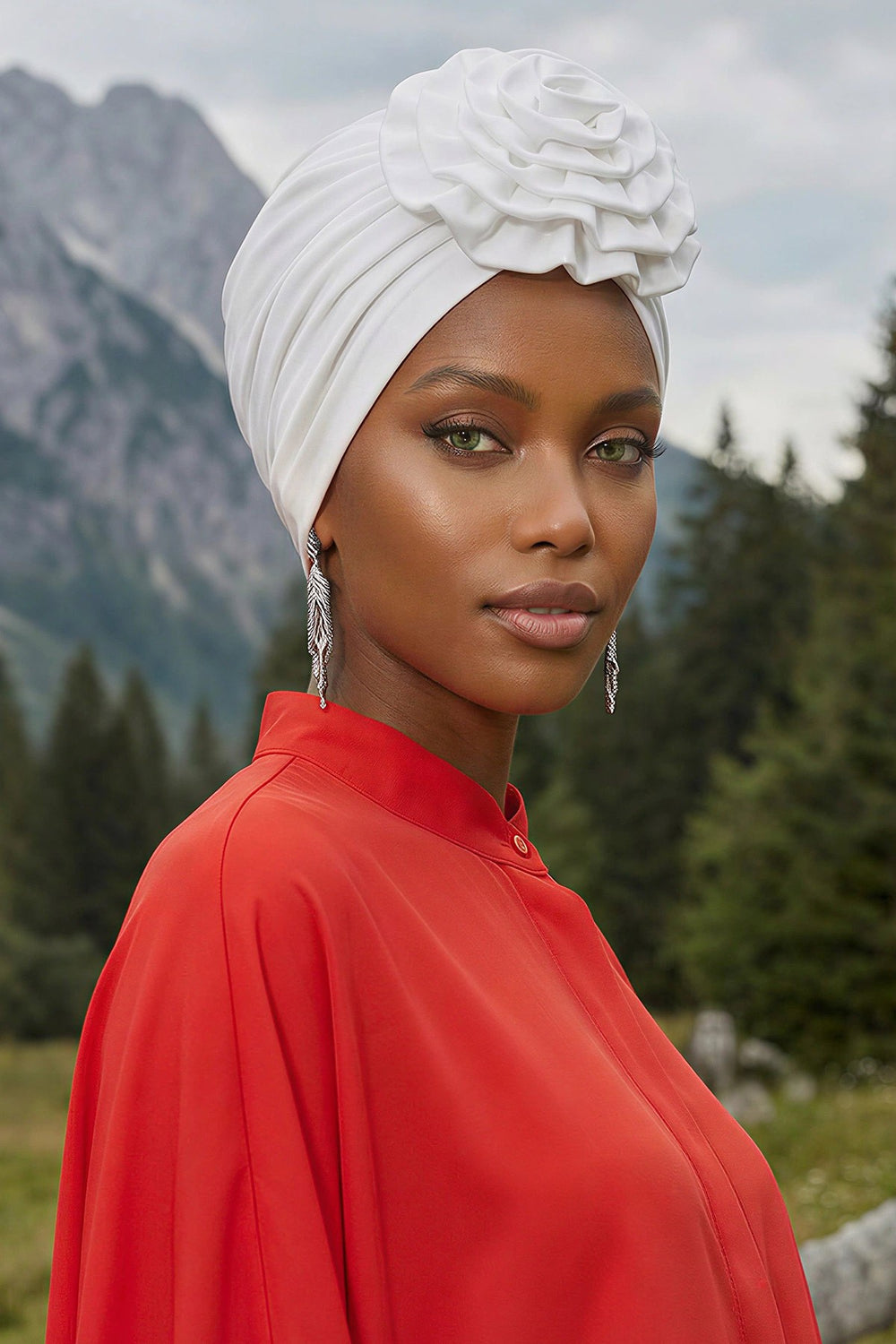Chic Rose Accent Instant Turban Hijab for Women, Cotton Scarf Chemo Head Wrap, Plain Bonnet Cap with a Beautiful Big Handmade Rose,B-21 White