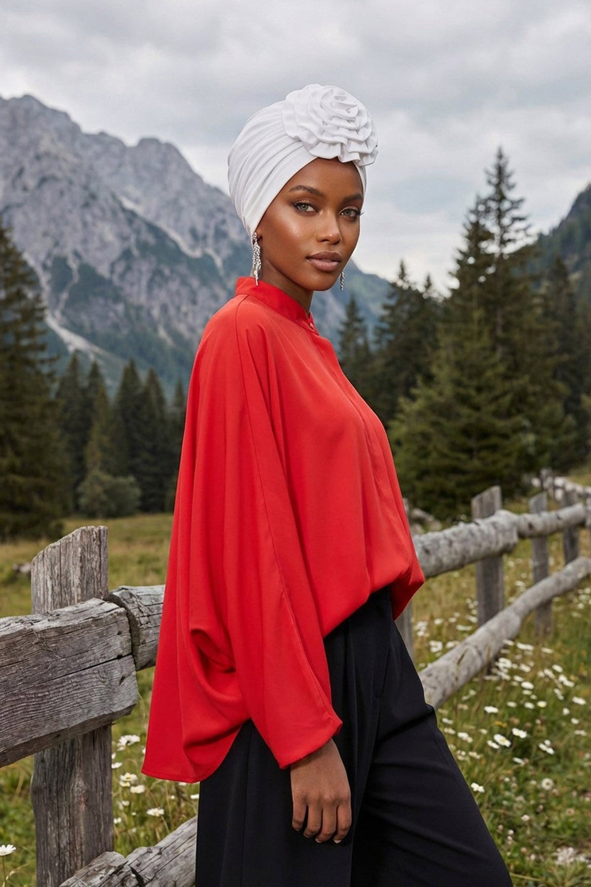 Chic Rose Accent Instant Turban Hijab for Women, Cotton Scarf Chemo Head Wrap, Plain Bonnet Cap with a Beautiful Big Handmade Rose,B-21 White