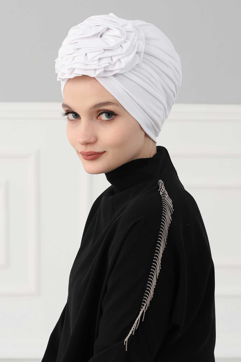 Chic Rose Accent Instant Turban Hijab for Women, Cotton Scarf Chemo Head Wrap, Plain Bonnet Cap with a Beautiful Big Handmade Rose,B-21 White