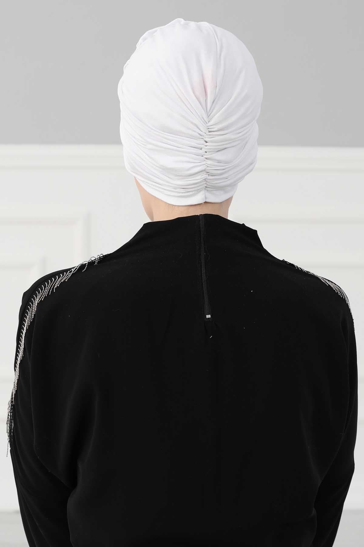 Chic Rose Accent Instant Turban Hijab for Women, Cotton Scarf Chemo Head Wrap, Plain Bonnet Cap with a Beautiful Big Handmade Rose,B-21 White