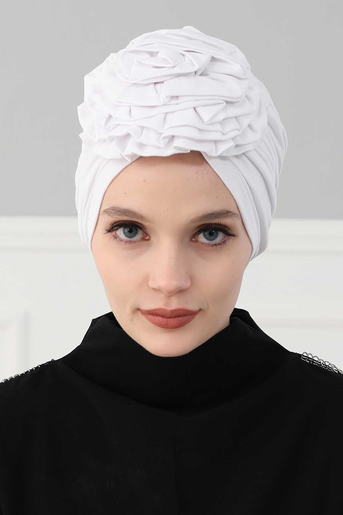 Chic Rose Accent Instant Turban Hijab for Women, Cotton Scarf Chemo Head Wrap, Plain Bonnet Cap with a Beautiful Big Handmade Rose,B-21 White