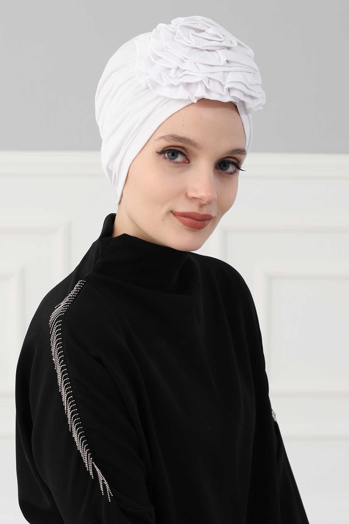 Chic Rose Accent Instant Turban Hijab for Women, Cotton Scarf Chemo Head Wrap, Plain Bonnet Cap with a Beautiful Big Handmade Rose,B-21 White
