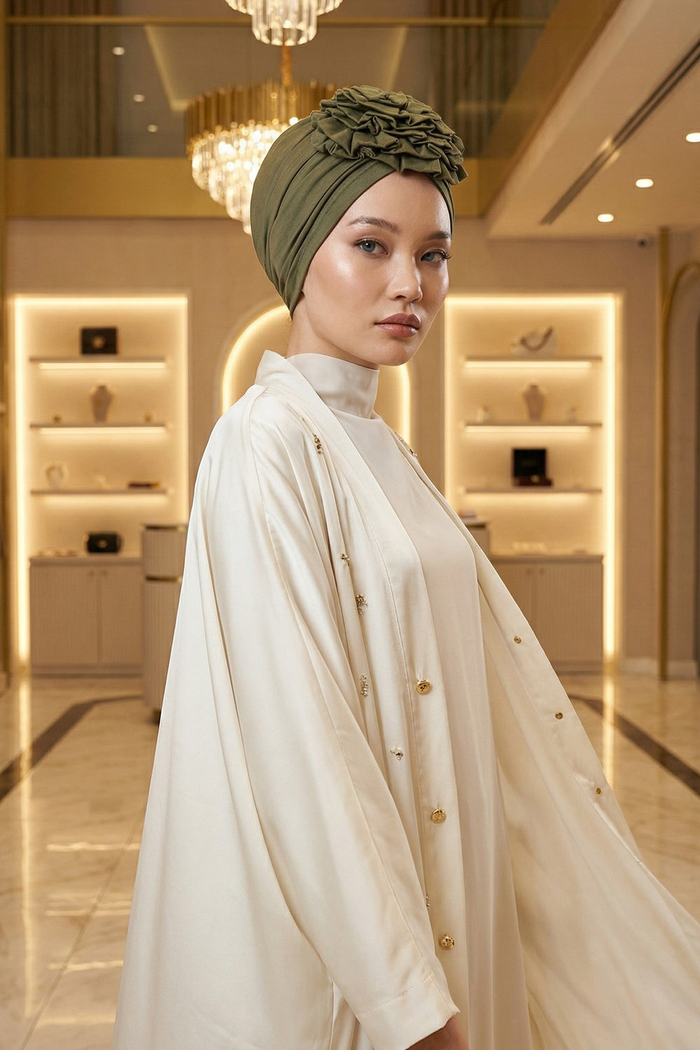 Chic Rose Accent Instant Turban Hijab for Women, Cotton Scarf Chemo Head Wrap, Plain Bonnet Cap with a Beautiful Big Handmade Rose,B-21 Army Green