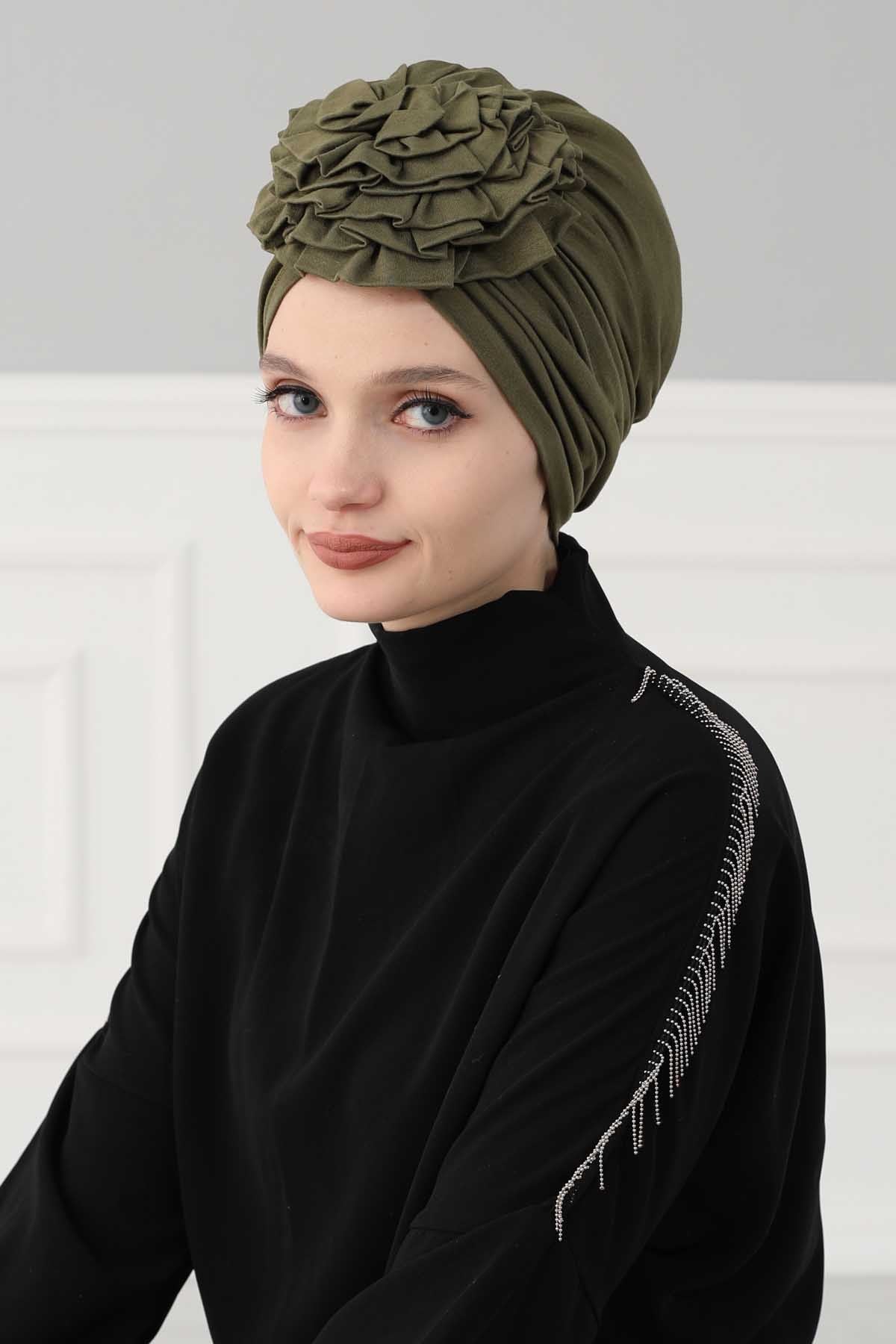 Chic Rose Accent Instant Turban Hijab for Women, Cotton Scarf Chemo Head Wrap, Plain Bonnet Cap with a Beautiful Big Handmade Rose,B-21 Army Green