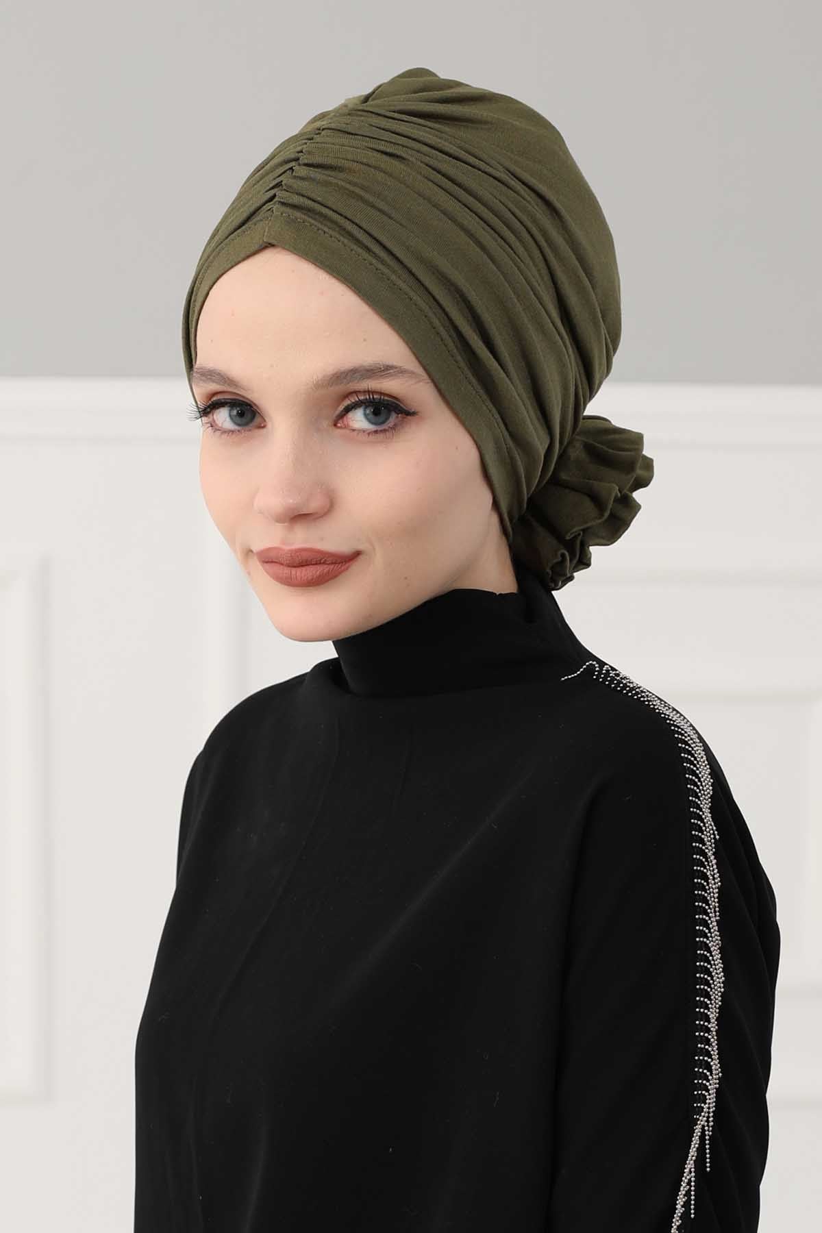 Chic Rose Accent Instant Turban Hijab for Women, Cotton Scarf Chemo Head Wrap, Plain Bonnet Cap with a Beautiful Big Handmade Rose,B-21 Army Green