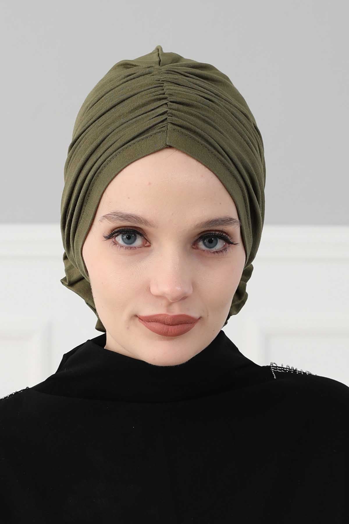 Chic Rose Accent Instant Turban Hijab for Women, Cotton Scarf Chemo Head Wrap, Plain Bonnet Cap with a Beautiful Big Handmade Rose,B-21 Army Green