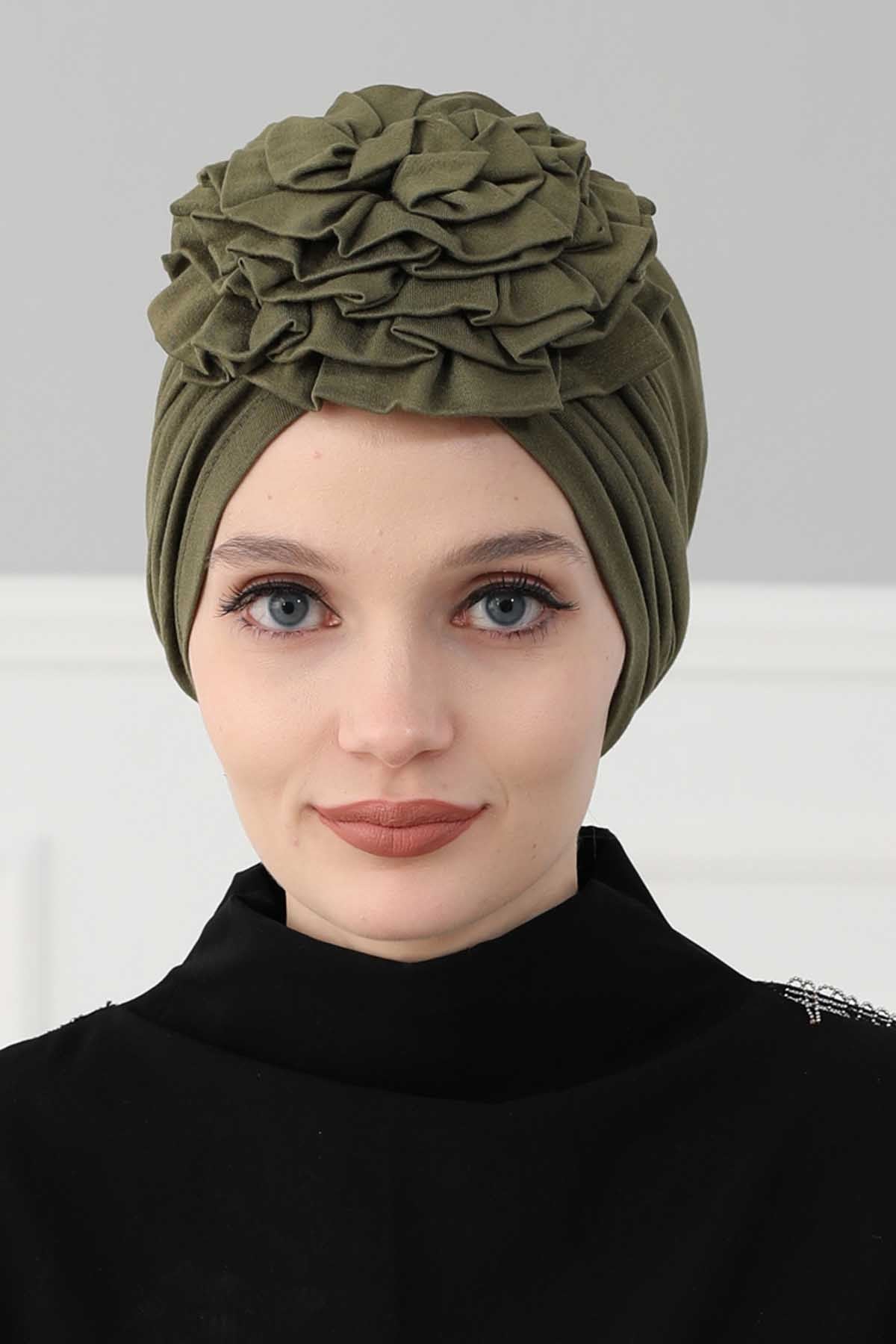Chic Rose Accent Instant Turban Hijab for Women, Cotton Scarf Chemo Head Wrap, Plain Bonnet Cap with a Beautiful Big Handmade Rose,B-21 Army Green