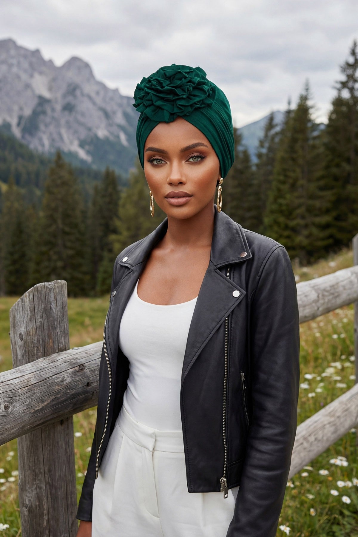 Chic Rose Accent Instant Turban Hijab for Women, Cotton Scarf Chemo Head Wrap, Plain Bonnet Cap with a Beautiful Big Handmade Rose,B-21 Green