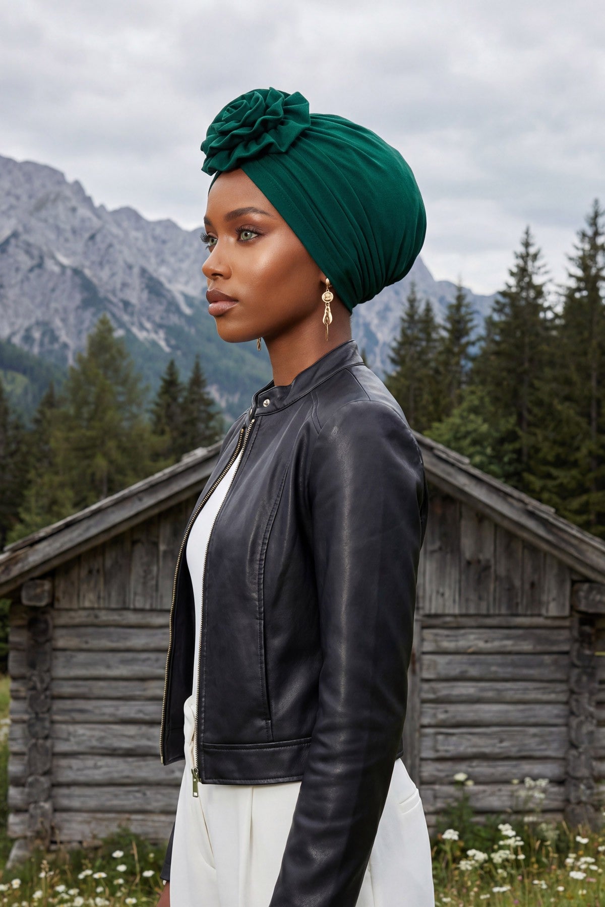Chic Rose Accent Instant Turban Hijab for Women, Cotton Scarf Chemo Head Wrap, Plain Bonnet Cap with a Beautiful Big Handmade Rose,B-21 Green