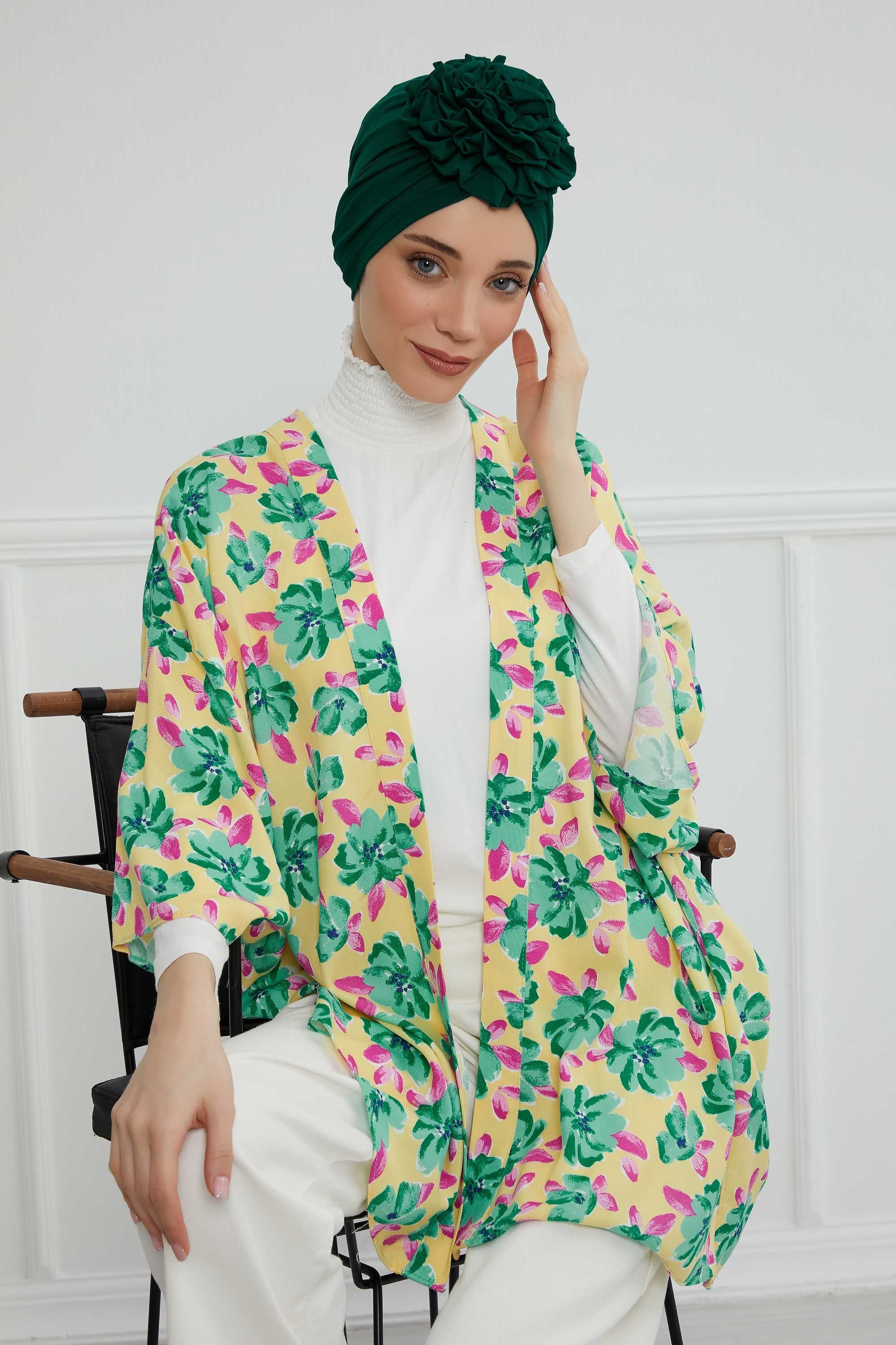 Chic Rose Accent Instant Turban Hijab for Women, Cotton Scarf Chemo Head Wrap, Plain Bonnet Cap with a Beautiful Big Handmade Rose,B-21 Green