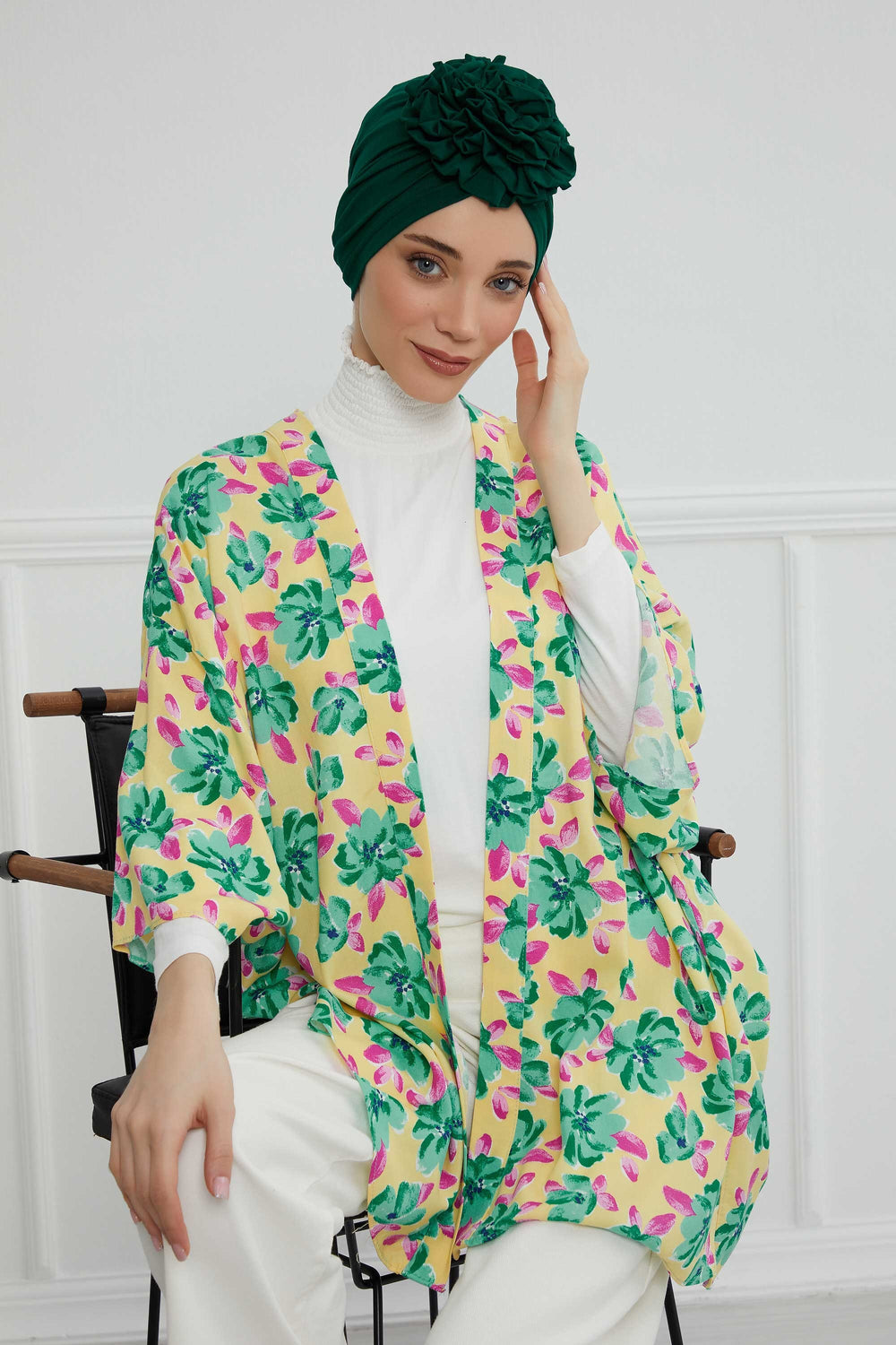 Chic Rose Accent Instant Turban Hijab for Women, Cotton Scarf Chemo Head Wrap, Plain Bonnet Cap with a Beautiful Big Handmade Rose,B-21 Green