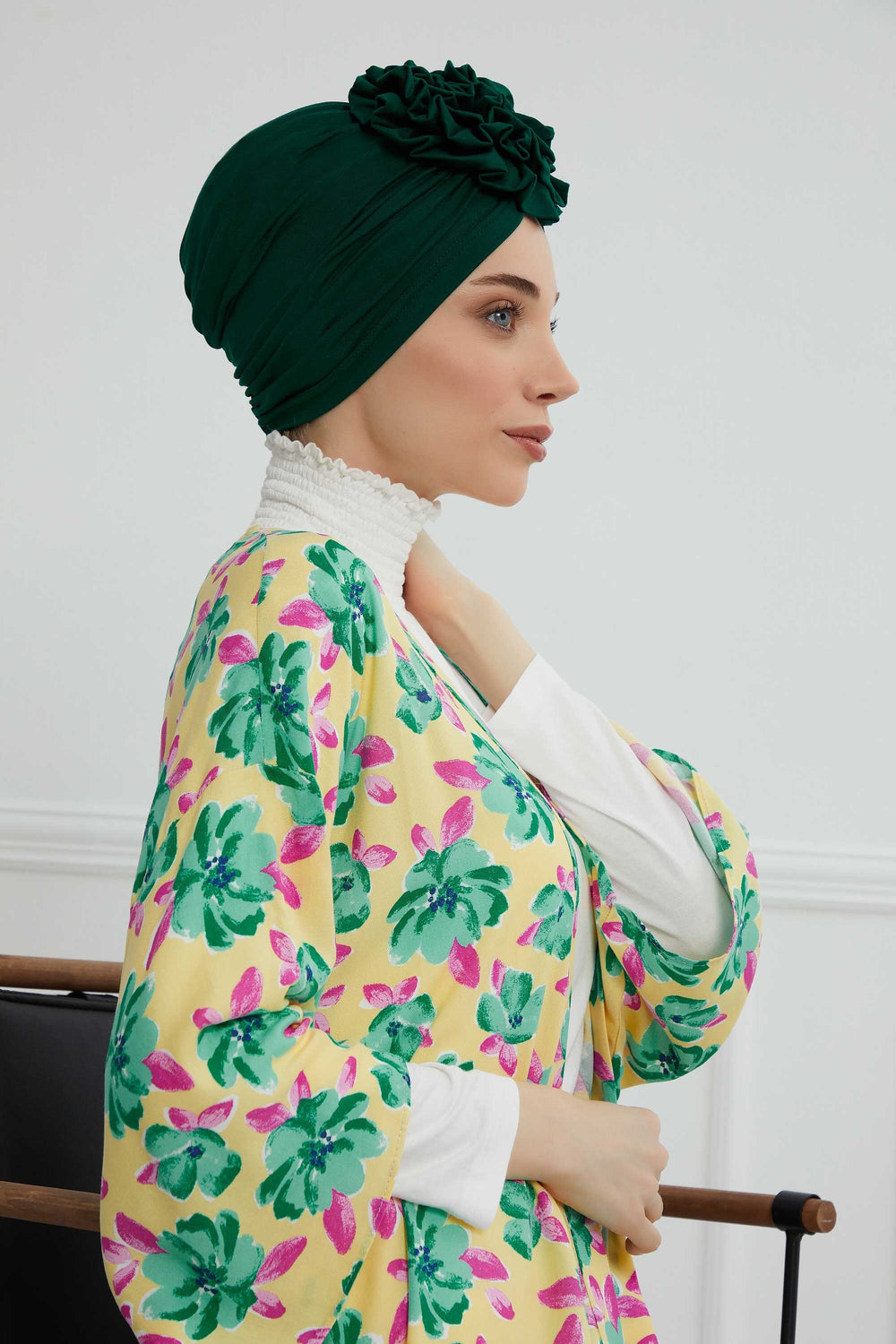 Chic Rose Accent Instant Turban Hijab for Women, Cotton Scarf Chemo Head Wrap, Plain Bonnet Cap with a Beautiful Big Handmade Rose,B-21 Green