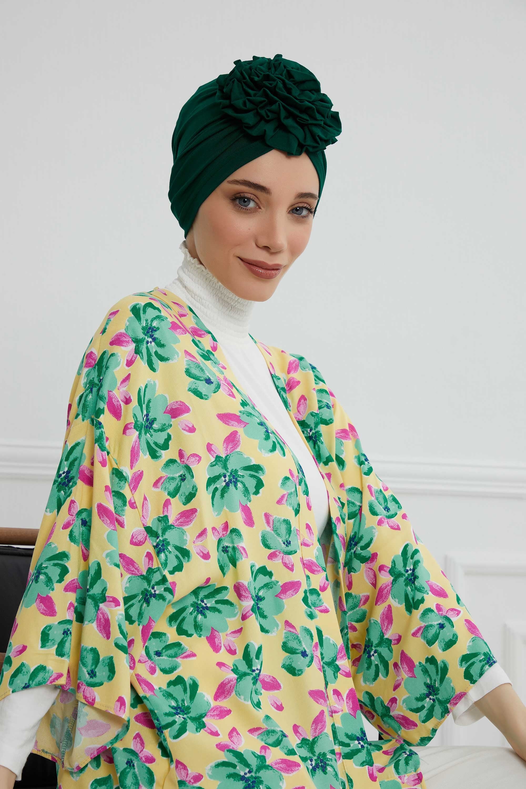 Chic Rose Accent Instant Turban Hijab for Women, Cotton Scarf Chemo Head Wrap, Plain Bonnet Cap with a Beautiful Big Handmade Rose,B-21 Green