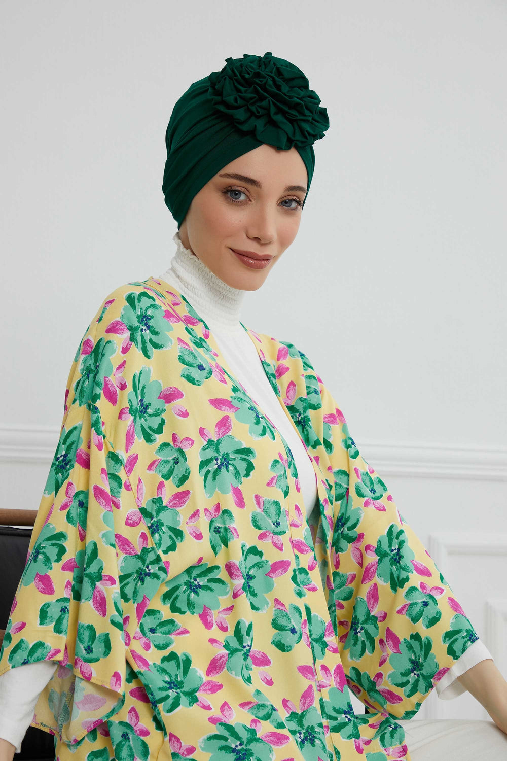 Chic Rose Accent Instant Turban Hijab for Women, Cotton Scarf Chemo Head Wrap, Plain Bonnet Cap with a Beautiful Big Handmade Rose,B-21 Green