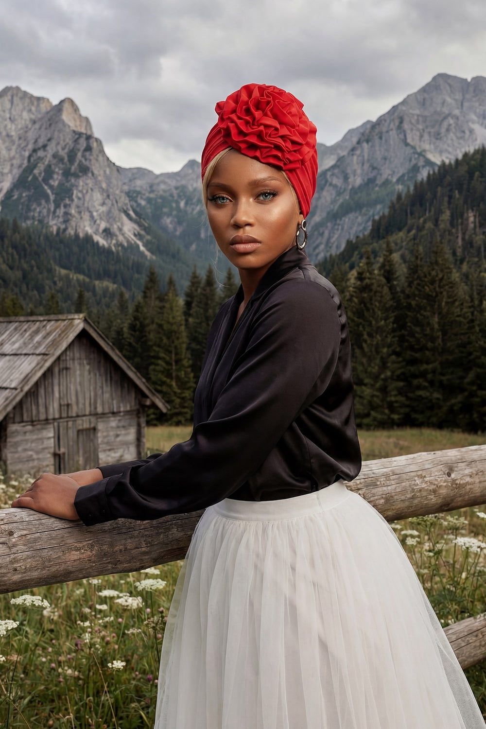 Chic Rose Accent Instant Turban Hijab for Women, Cotton Scarf Chemo Head Wrap, Plain Bonnet Cap with a Beautiful Big Handmade Rose,B-21 Red