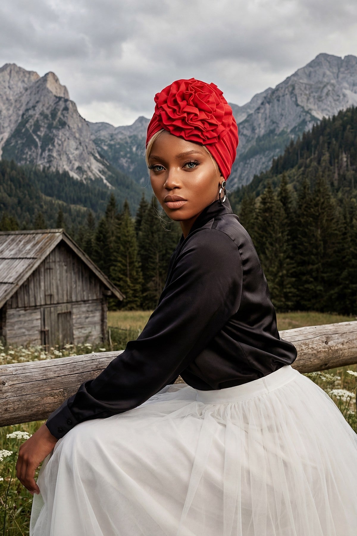 Chic Rose Accent Instant Turban Hijab for Women, Cotton Scarf Chemo Head Wrap, Plain Bonnet Cap with a Beautiful Big Handmade Rose,B-21 Red