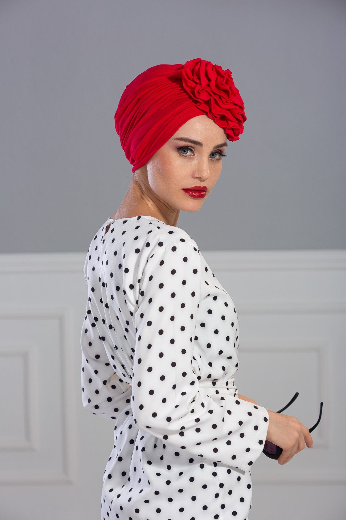 Chic Rose Accent Instant Turban Hijab for Women, Cotton Scarf Chemo Head Wrap, Plain Bonnet Cap with a Beautiful Big Handmade Rose,B-21 Red