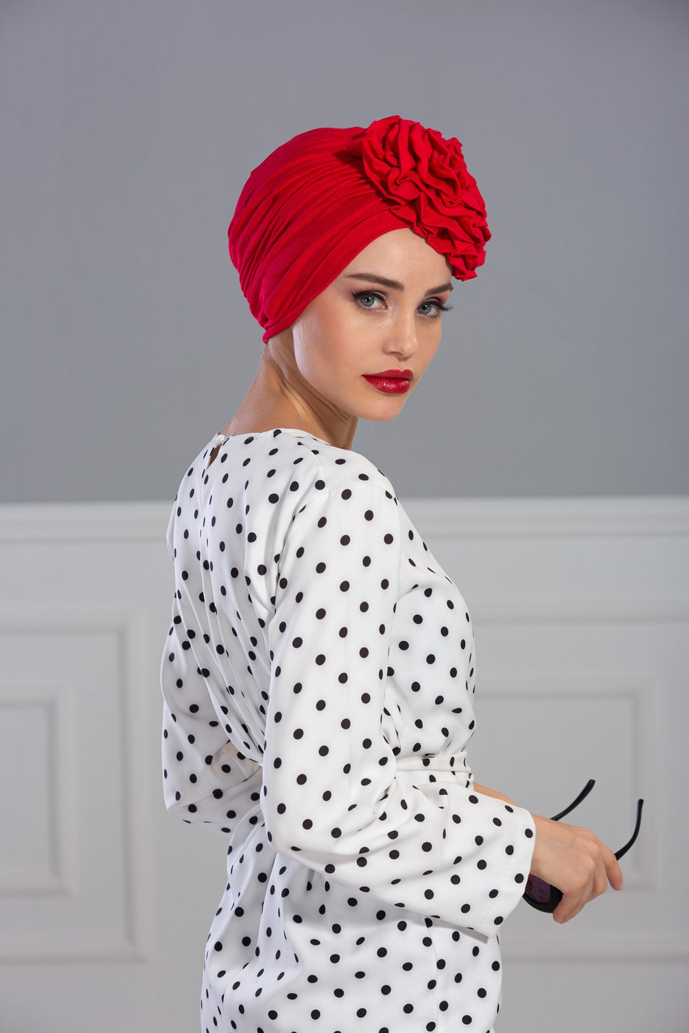 Chic Rose Accent Instant Turban Hijab for Women, Cotton Scarf Chemo Head Wrap, Plain Bonnet Cap with a Beautiful Big Handmade Rose,B-21 Red