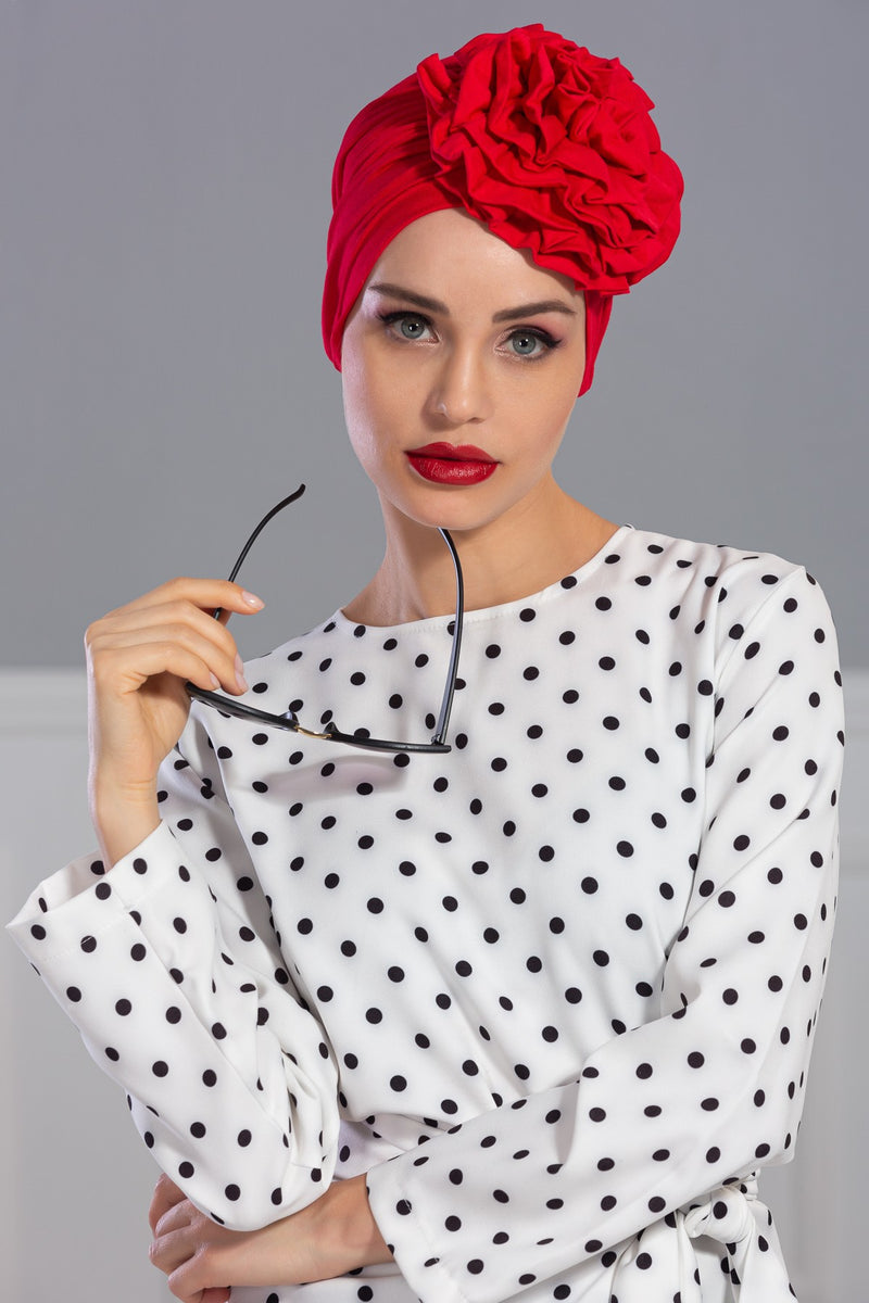 حجاب عمامة فوري أنيق باللون الوردي للنساء، وشاح قطني لف الرأس الكيميائي، قبعة بونيه سادة مع وردة كبيرة جميلة مصنوعة يدويًا، B-21