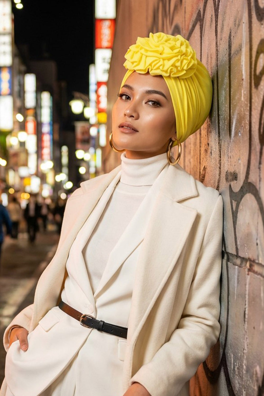 Chic Rose Accent Instant Turban Hijab for Women, Cotton Scarf Chemo Head Wrap, Plain Bonnet Cap with a Beautiful Big Handmade Rose,B-21 Yellow