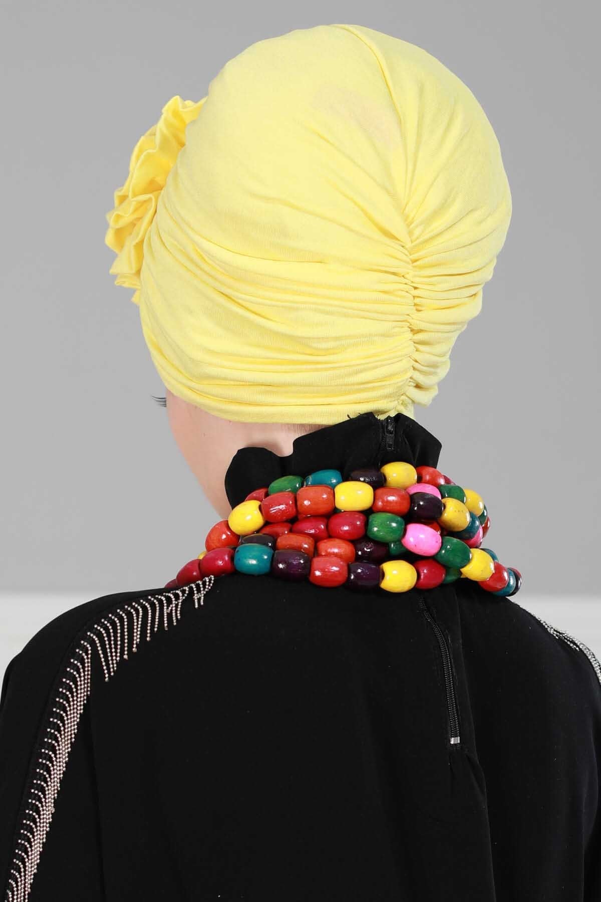 Chic Rose Accent Instant Turban Hijab for Women, Cotton Scarf Chemo Head Wrap, Plain Bonnet Cap with a Beautiful Big Handmade Rose,B-21 Yellow