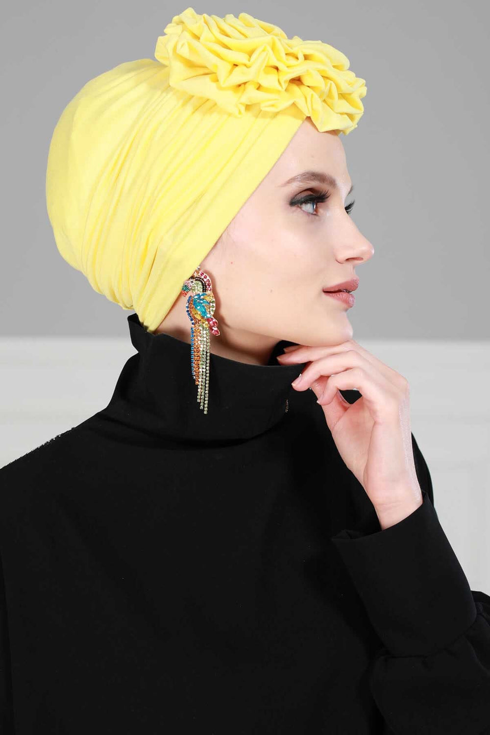 Chic Rose Accent Instant Turban Hijab for Women, Cotton Scarf Chemo Head Wrap, Plain Bonnet Cap with a Beautiful Big Handmade Rose,B-21 Yellow