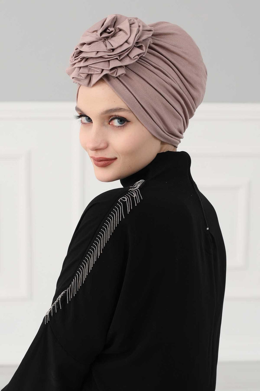 Chic Rose Accent Instant Turban Hijab for Women, Cotton Scarf Chemo Head Wrap, Plain Bonnet Cap with a Beautiful Big Handmade Rose,B-21 Mink