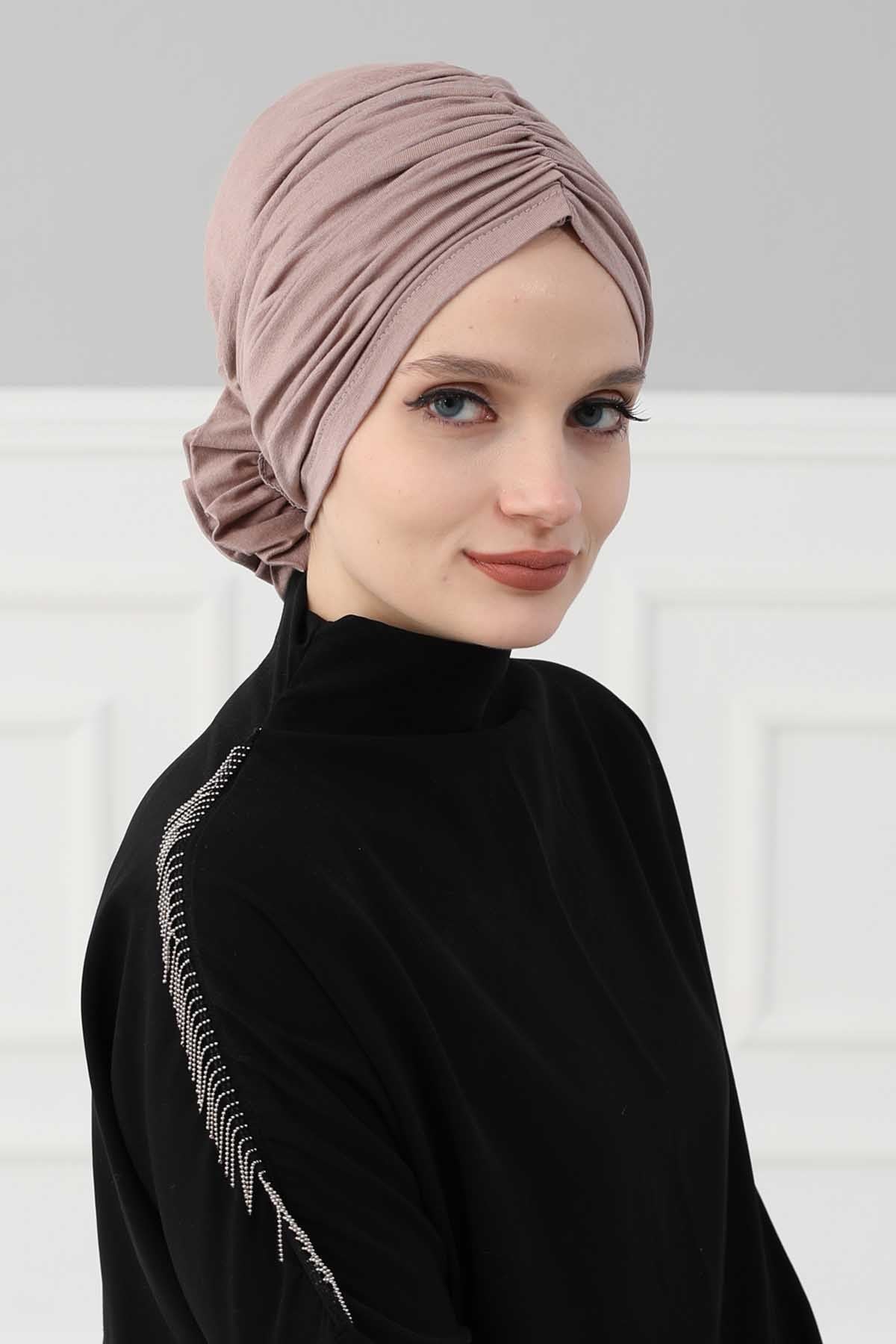 Chic Rose Accent Instant Turban Hijab for Women, Cotton Scarf Chemo Head Wrap, Plain Bonnet Cap with a Beautiful Big Handmade Rose,B-21 Mink