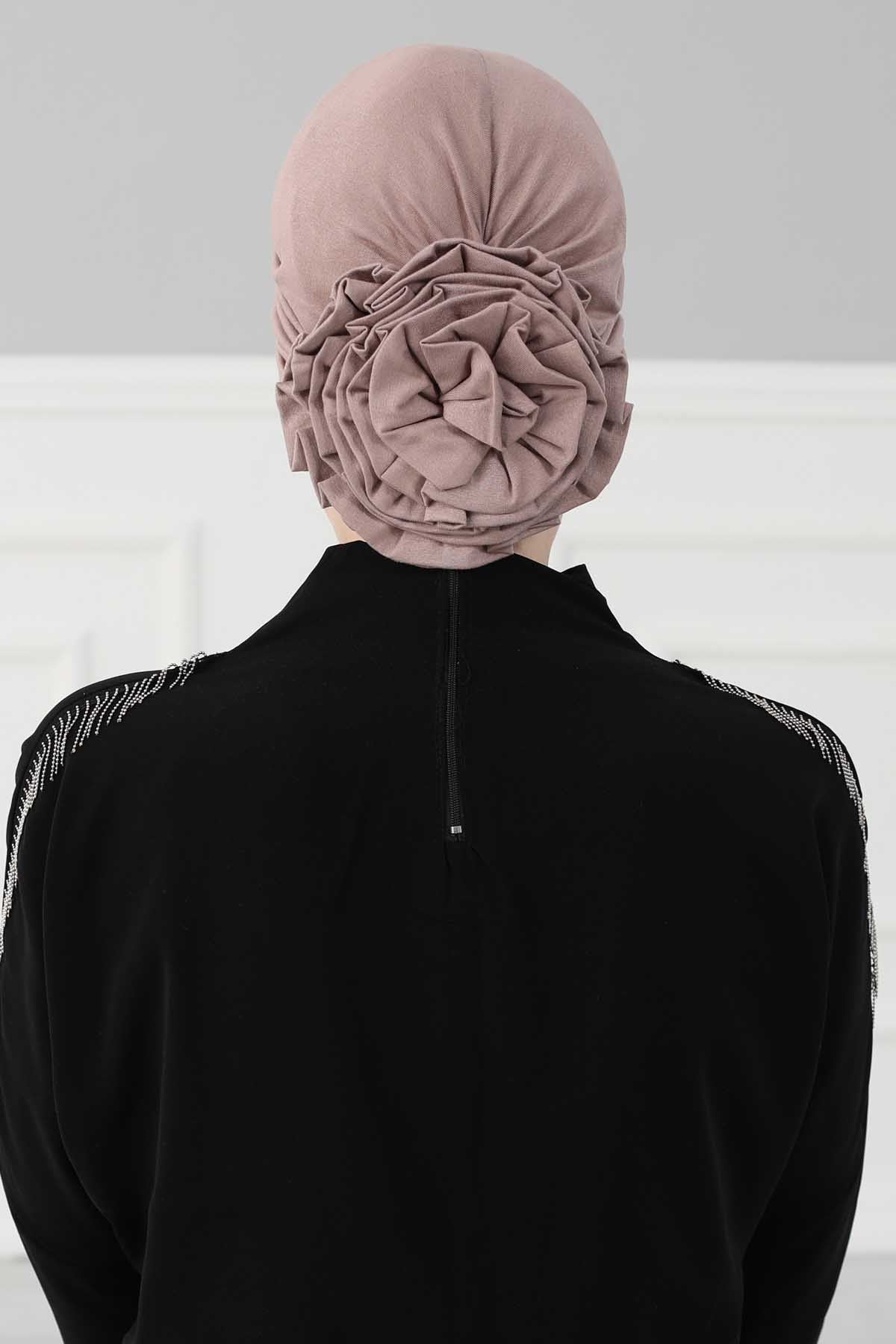 Chic Rose Accent Instant Turban Hijab for Women, Cotton Scarf Chemo Head Wrap, Plain Bonnet Cap with a Beautiful Big Handmade Rose,B-21 Mink