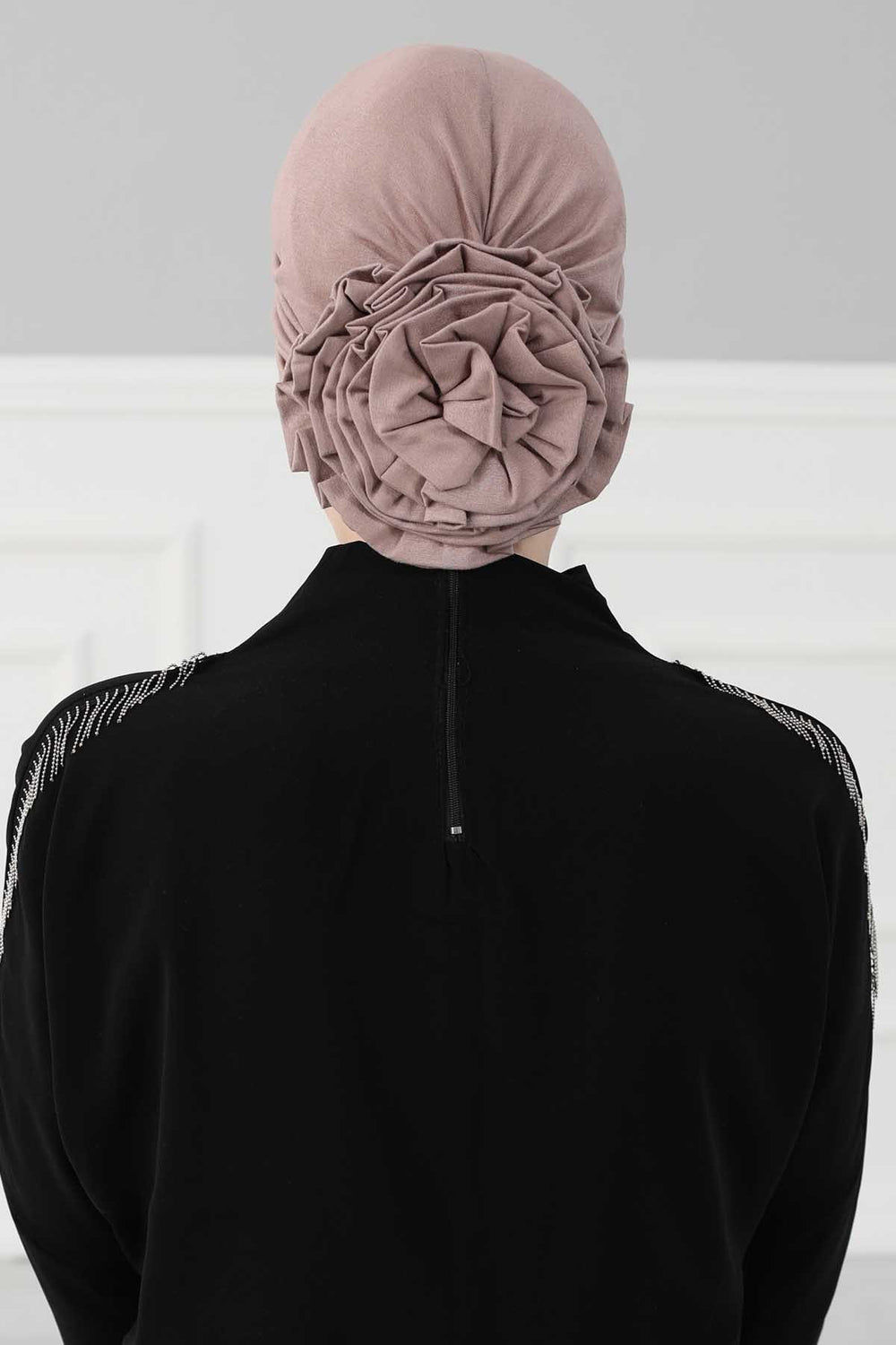 Chic Rose Accent Instant Turban Hijab for Women, Cotton Scarf Chemo Head Wrap, Plain Bonnet Cap with a Beautiful Big Handmade Rose,B-21 Mink