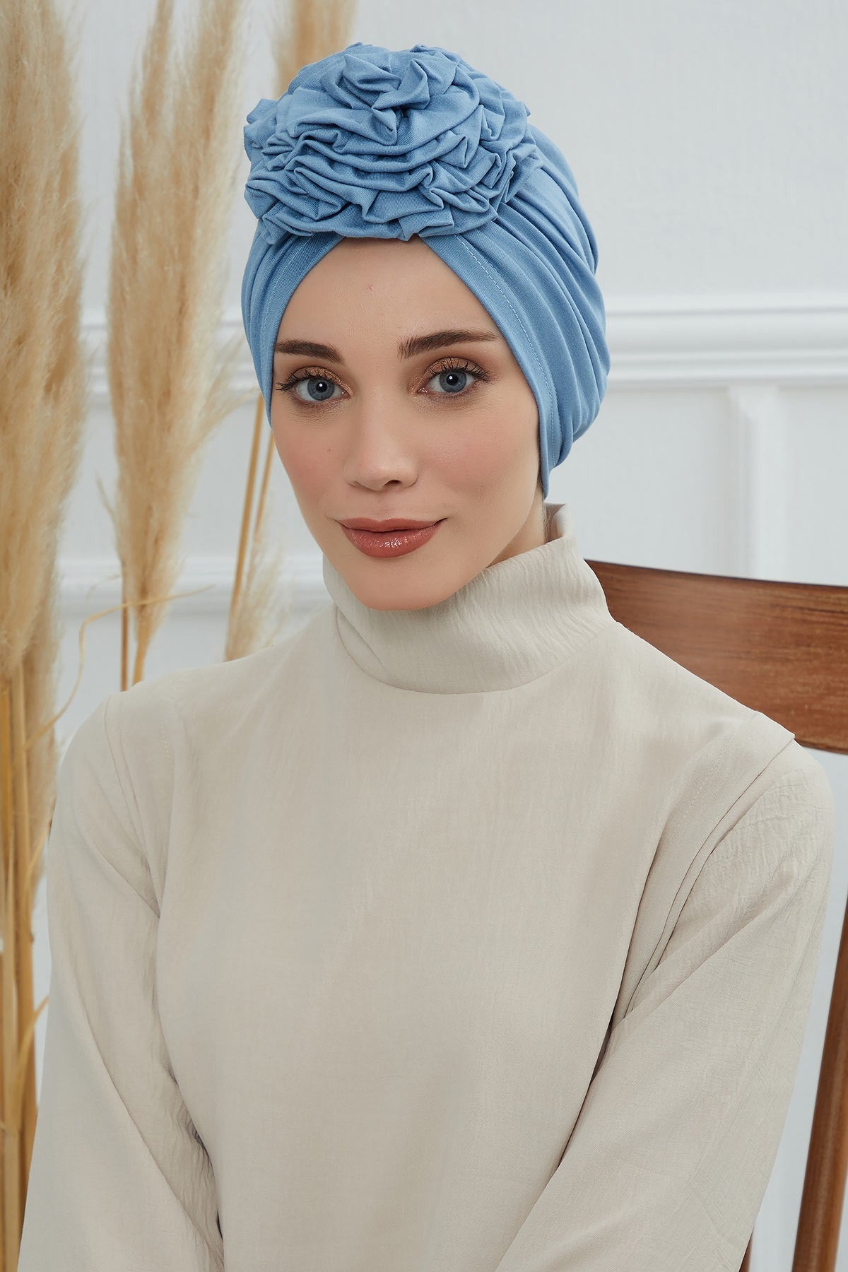 Chic Rose Accent Instant Turban Hijab for Women, Cotton Scarf Chemo Head Wrap, Plain Bonnet Cap with a Beautiful Big Handmade Rose,B-21 Blue
