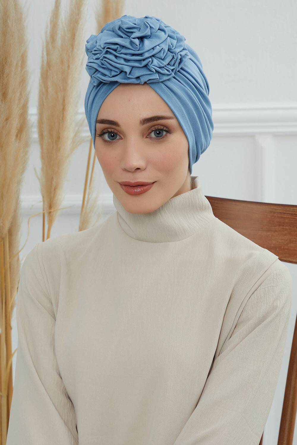 Chic Rose Accent Instant Turban Hijab for Women, Cotton Scarf Chemo Head Wrap, Plain Bonnet Cap with a Beautiful Big Handmade Rose,B-21 Blue