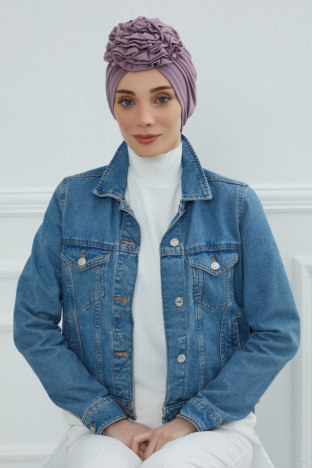 Chic Rose Accent Instant Turban Hijab for Women, Cotton Scarf Chemo Head Wrap, Plain Bonnet Cap with a Beautiful Big Handmade Rose,B-21 Lilac