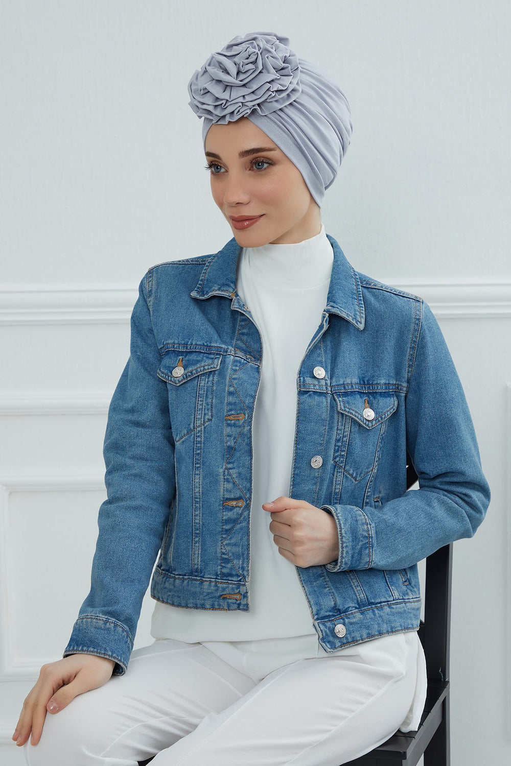 Chic Rose Accent Instant Turban Hijab for Women, Cotton Scarf Chemo Head Wrap, Plain Bonnet Cap with a Beautiful Big Handmade Rose,B-21 Grey 2