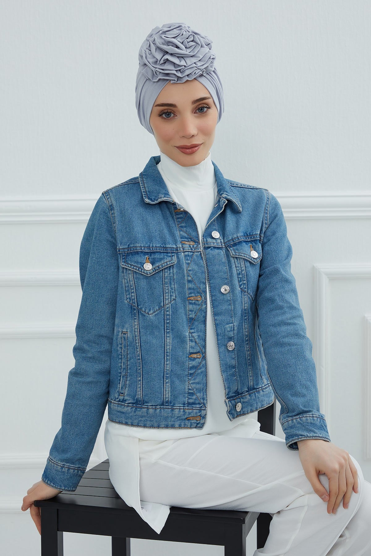Chic Rose Accent Instant Turban Hijab for Women, Cotton Scarf Chemo Head Wrap, Plain Bonnet Cap with a Beautiful Big Handmade Rose,B-21 Grey 2