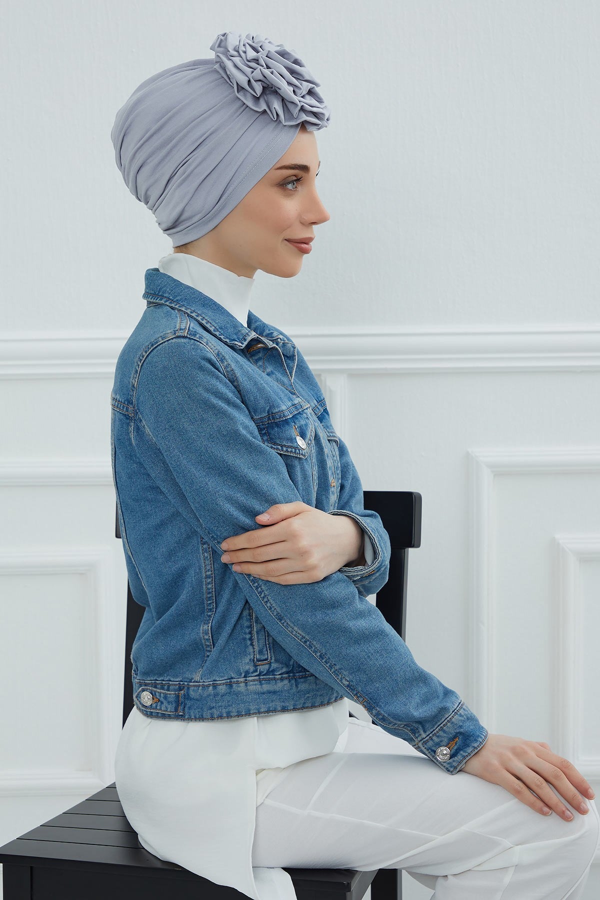 Chic Rose Accent Instant Turban Hijab for Women, Cotton Scarf Chemo Head Wrap, Plain Bonnet Cap with a Beautiful Big Handmade Rose,B-21 Grey 2