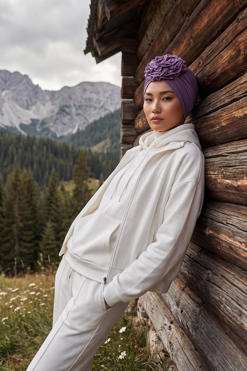 حجاب عمامة فوري أنيق باللون الوردي للنساء، وشاح قطني لف الرأس الكيميائي، قبعة بونيه سادة مع وردة كبيرة جميلة مصنوعة يدويًا، B-21