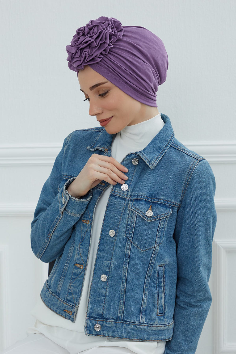 Chic Rose Accent Instant Turban Hijab for Women, Cotton Scarf Chemo Head Wrap, Plain Bonnet Cap with a Beautiful Big Handmade Rose,B-21 Purple 2