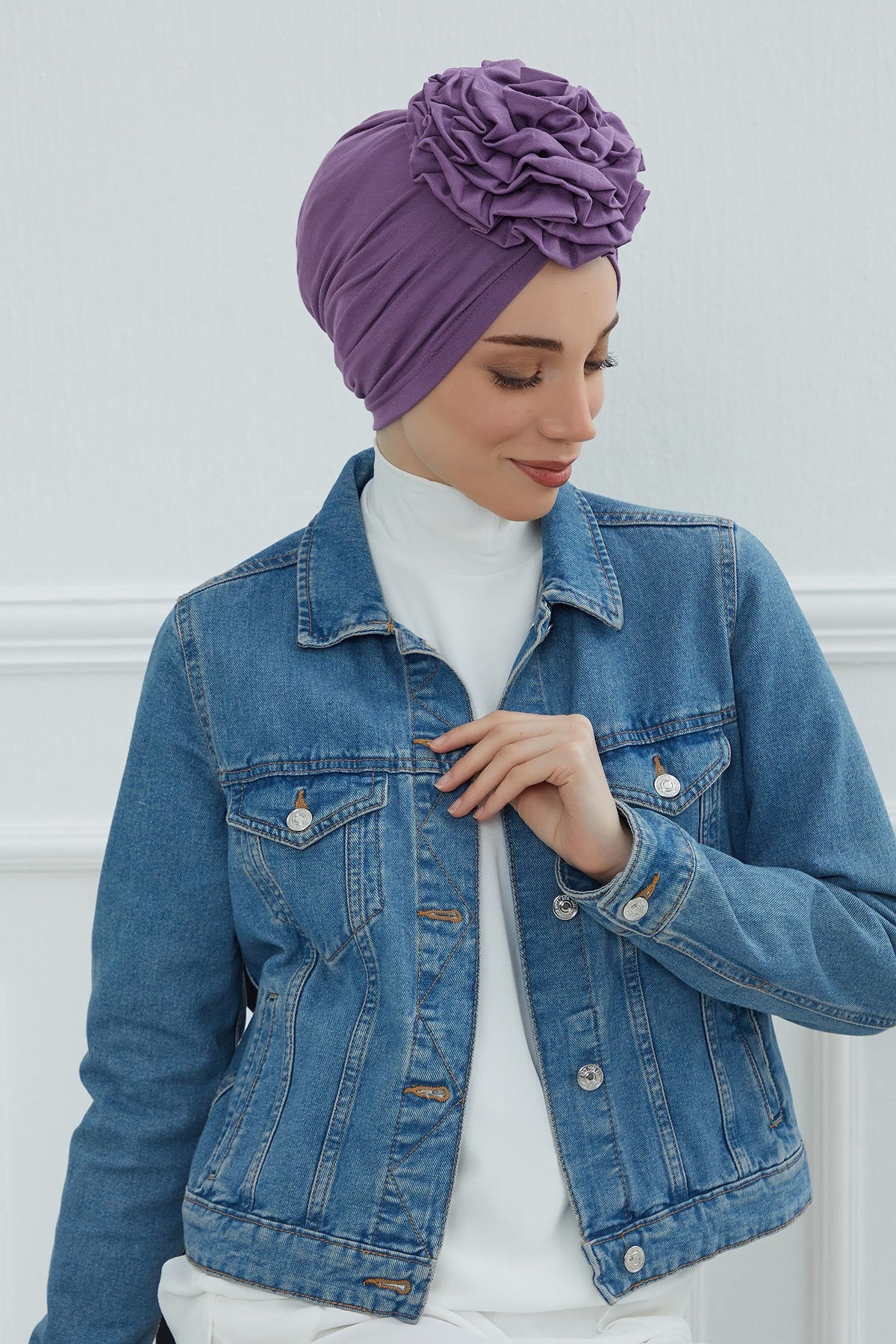 Chic Rose Accent Instant Turban Hijab for Women, Cotton Scarf Chemo Head Wrap, Plain Bonnet Cap with a Beautiful Big Handmade Rose,B-21 Purple 2