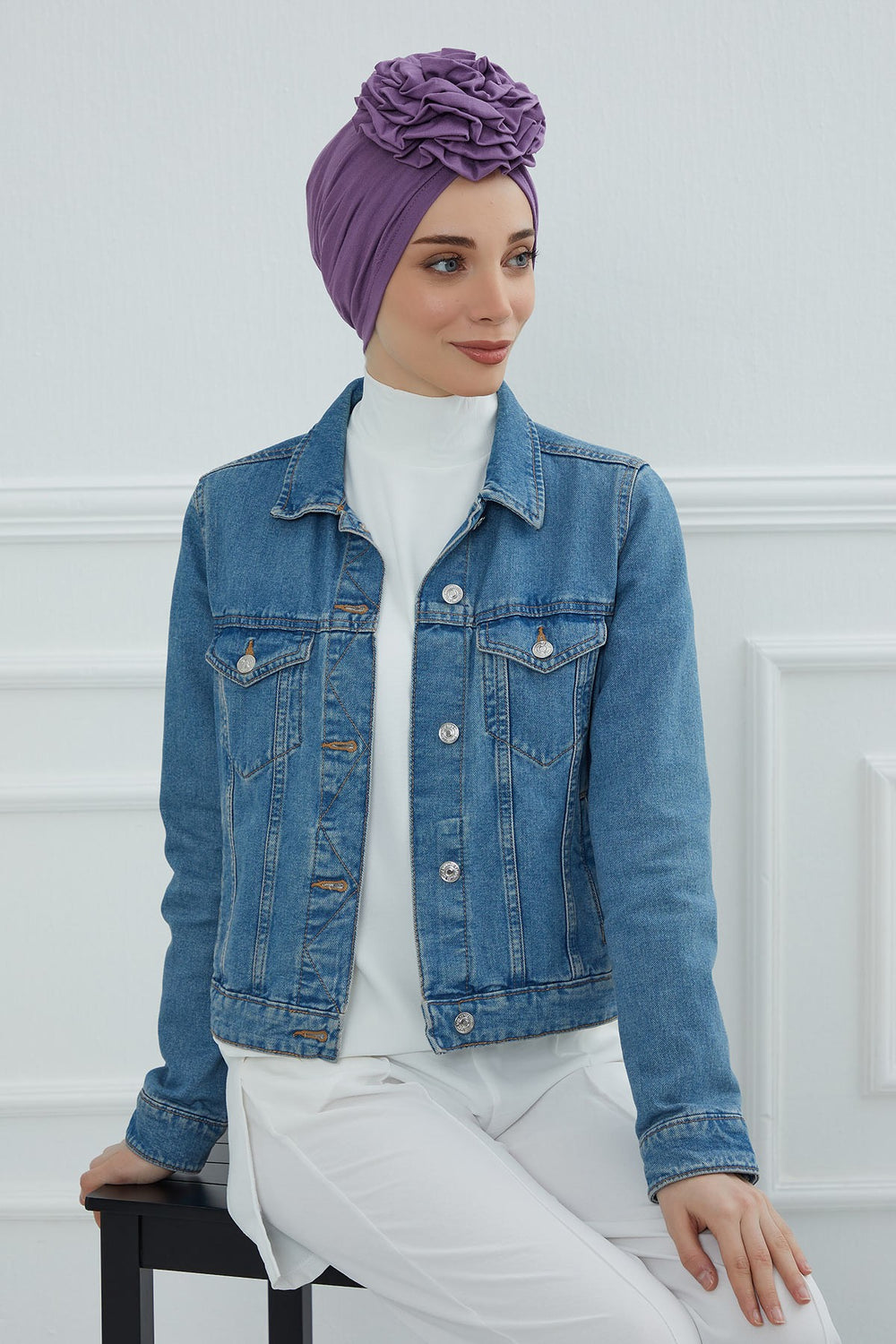 Chic Rose Accent Instant Turban Hijab for Women, Cotton Scarf Chemo Head Wrap, Plain Bonnet Cap with a Beautiful Big Handmade Rose,B-21 Purple 2