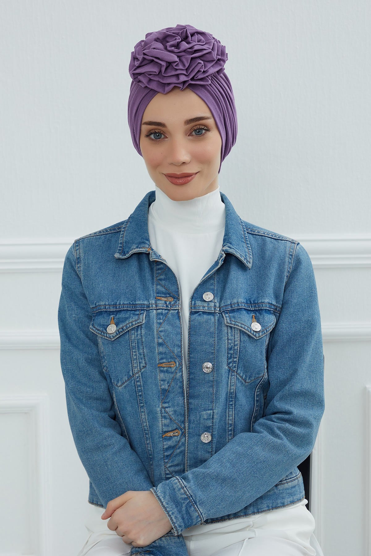 Chic Rose Accent Instant Turban Hijab for Women, Cotton Scarf Chemo Head Wrap, Plain Bonnet Cap with a Beautiful Big Handmade Rose,B-21 Purple 2