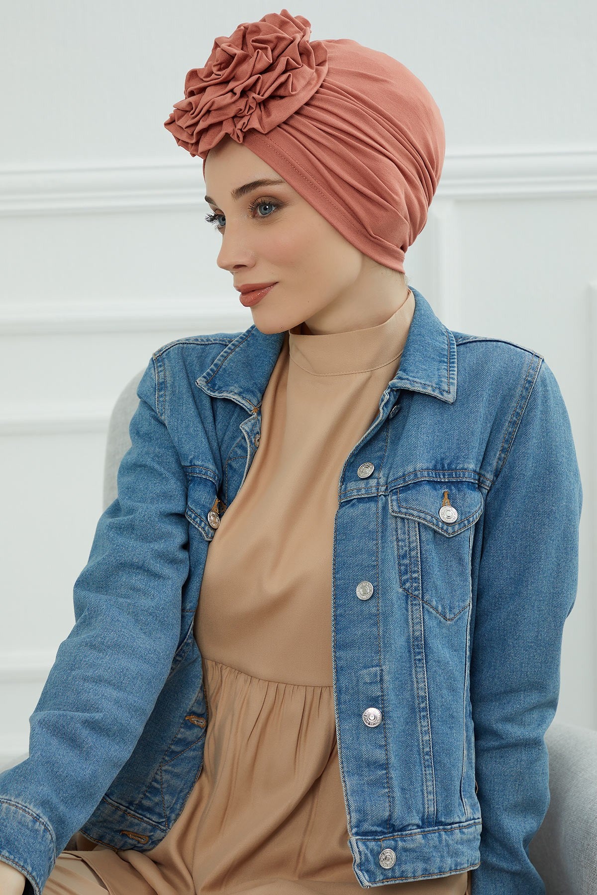 Chic Rose Accent Instant Turban Hijab for Women, Cotton Scarf Chemo Head Wrap, Plain Bonnet Cap with a Beautiful Big Handmade Rose,B-21 Salmon