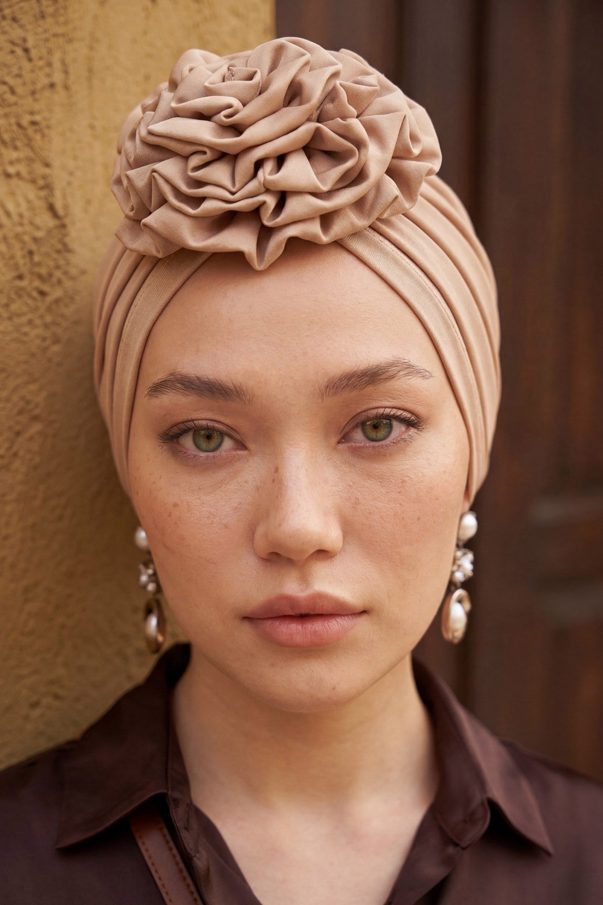 Chic Rose Accent Instant Turban Hijab for Women, Cotton Scarf Chemo Head Wrap, Plain Bonnet Cap with a Beautiful Big Handmade Rose,B-21 Sand Brown